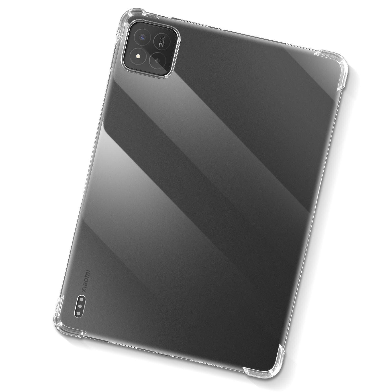 Eine transparente Handyhülle über einem grauen Telefon. Die Hülle ist durchsichtig und zeigt die Rückseite des Telefons. Kamera oben.