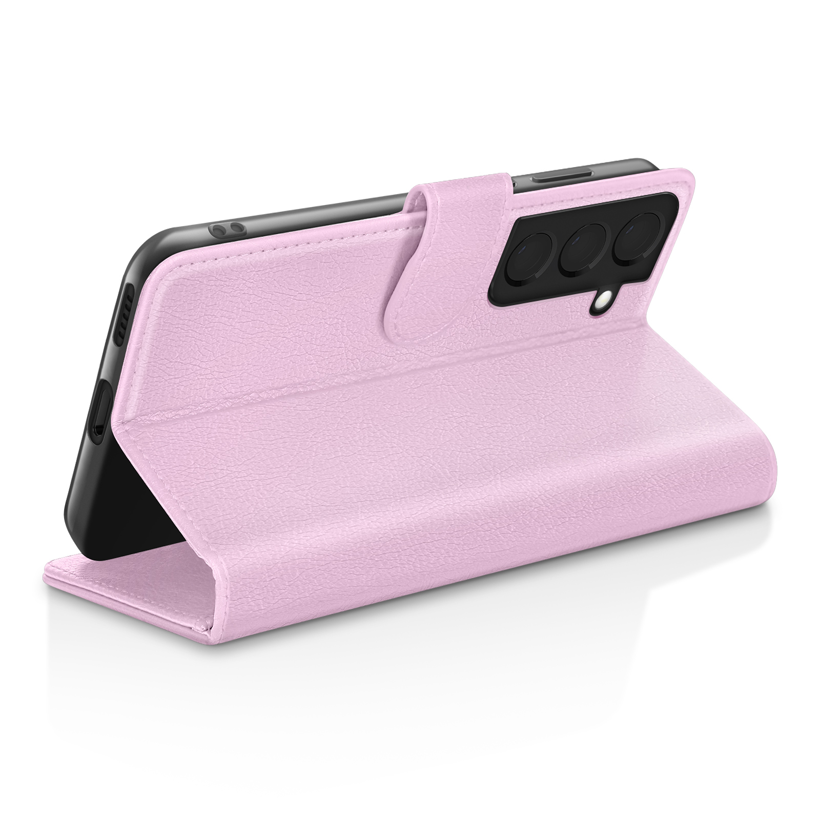 Un étui de téléphone rose avec un téléphone à l'intérieur est affiché, montrant les caméras du téléphone. L'étui est ouvert sur une surface blanche.