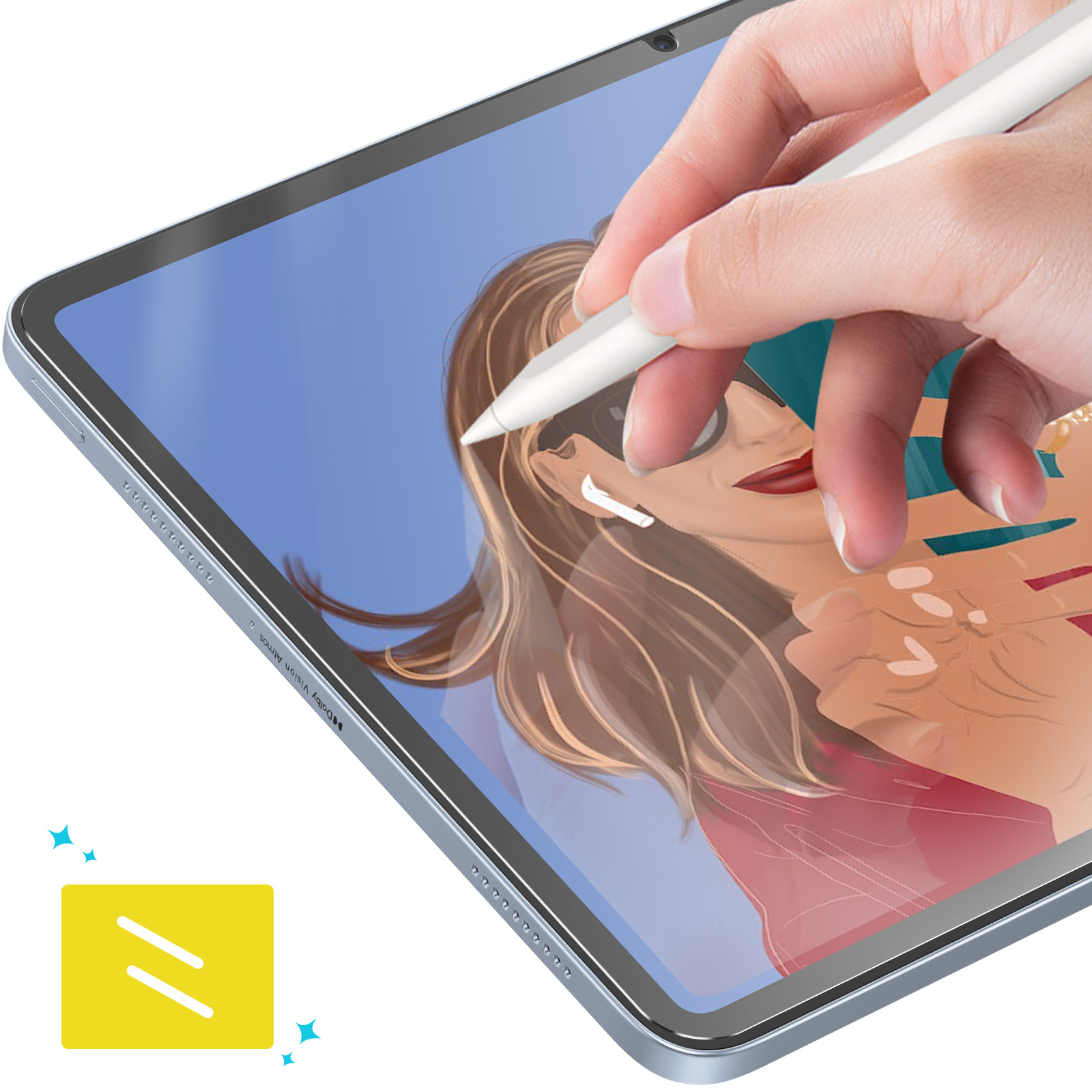 Una mano tiene uno stilo bianco su un tablet, disegnando un ritratto. Il tablet mostra il volto di una donna.