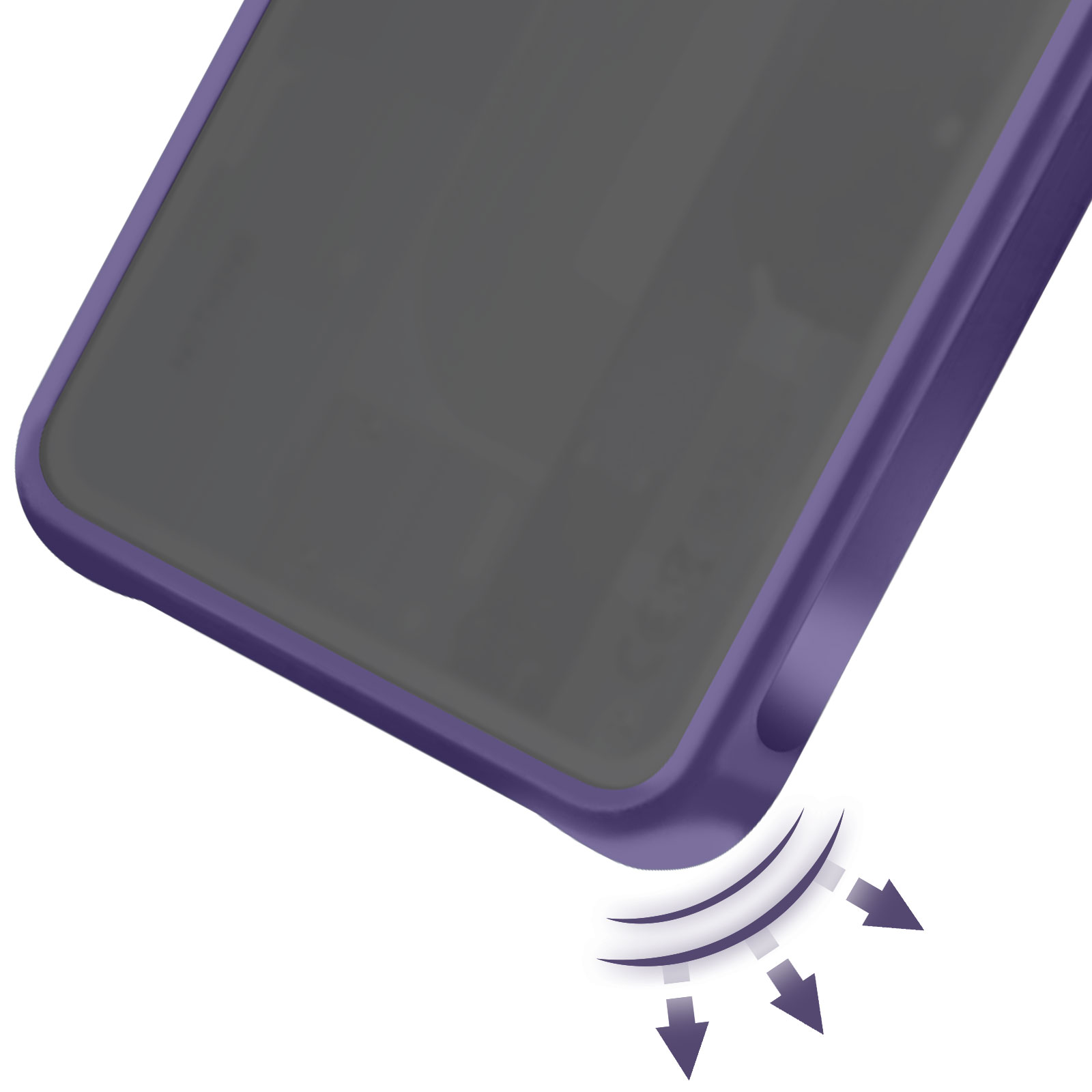 Een paarse telefoonhoes met een donker scherm. Pijlen duiden op impact. Witte achtergrond.