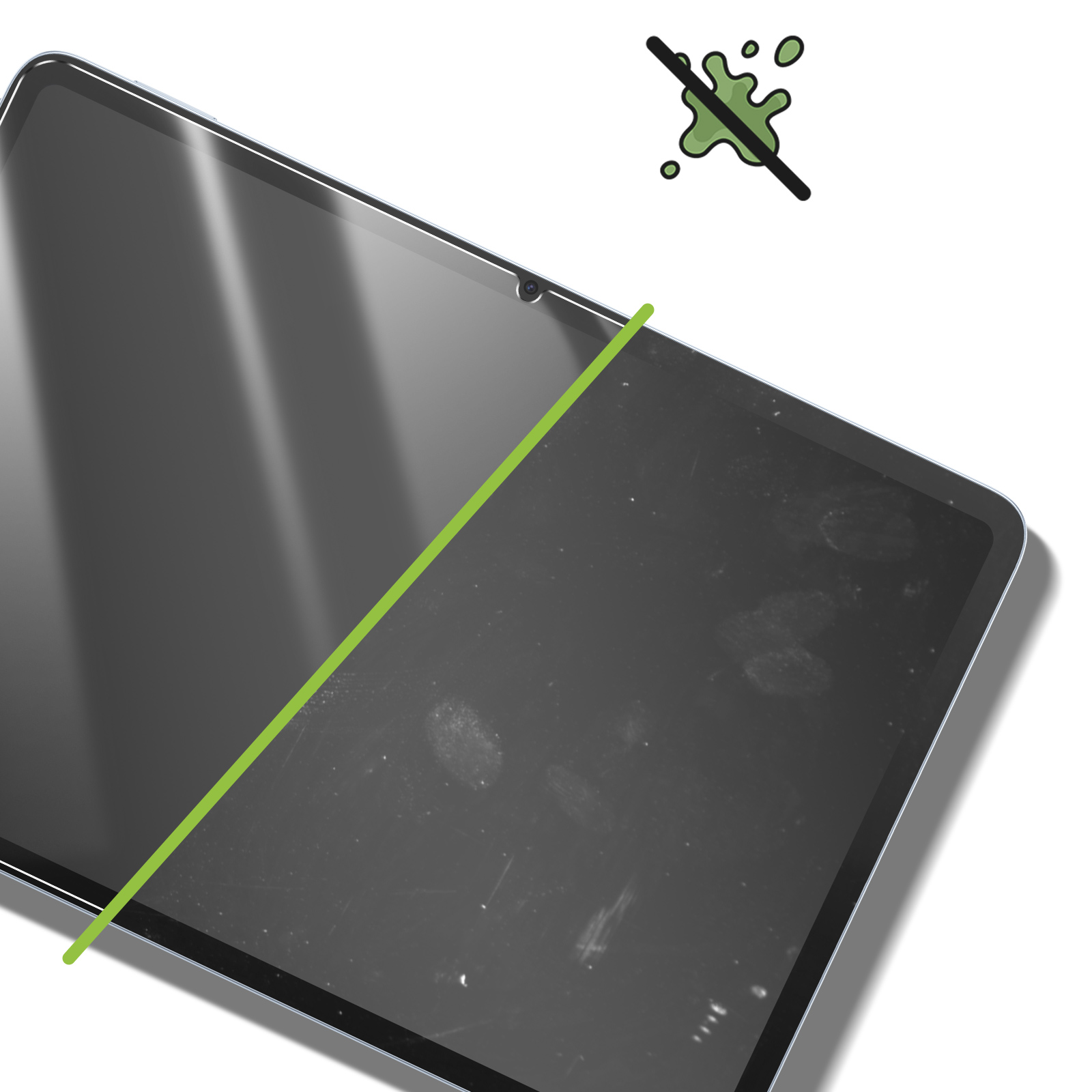 Schermo del tablet con impronte digitali, una linea verde e un'icona senza macchie.