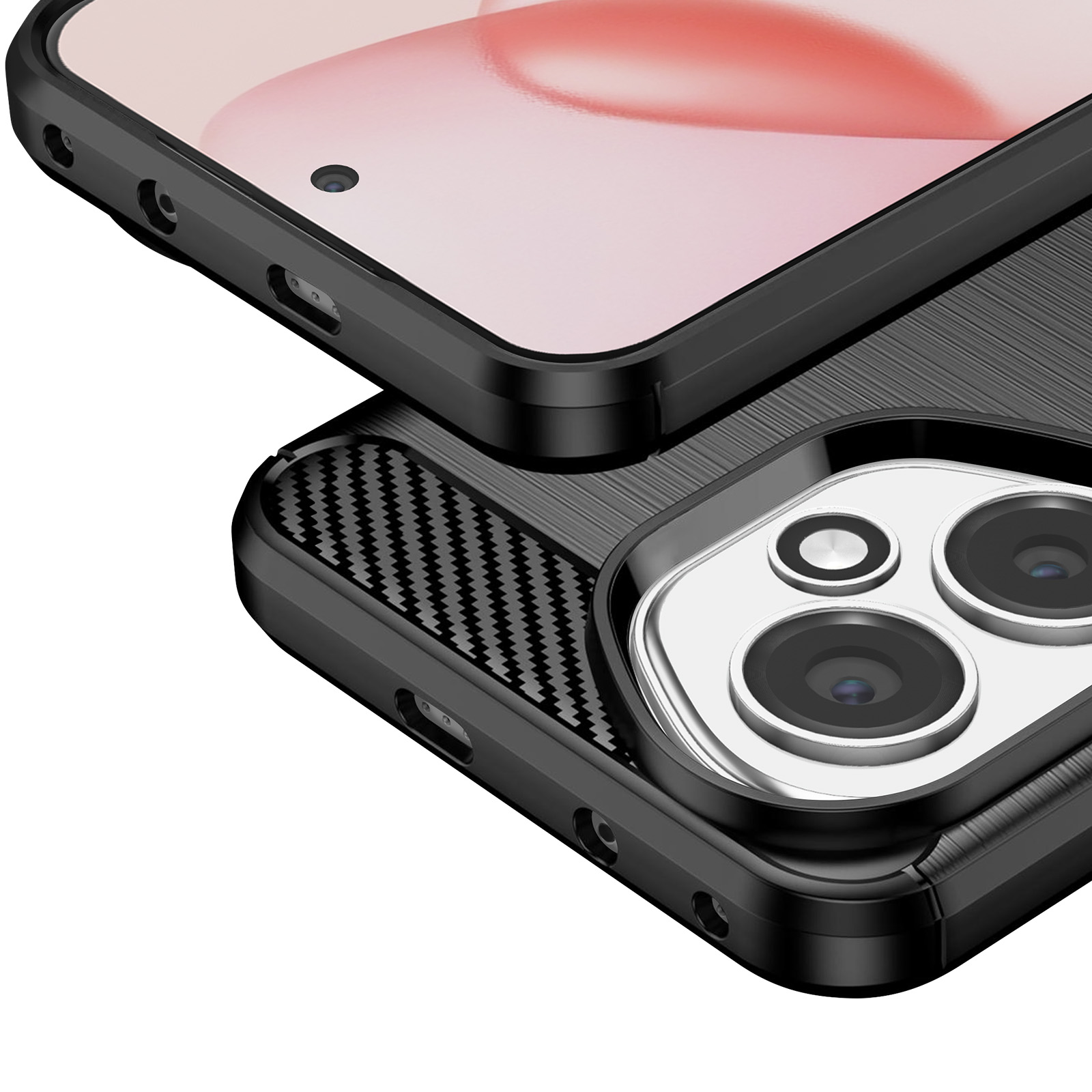 Gros plan d'un téléphone dans un étui noir. Deux lentilles sont visibles. L'écran est rouge clair.