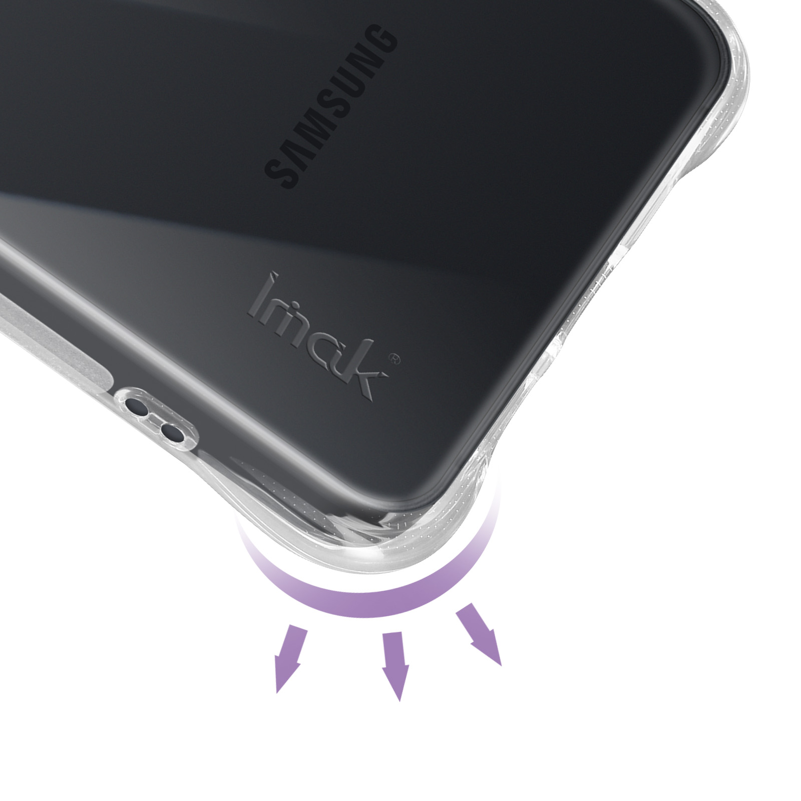 Una custodia per telefono con il logo Samsung. La custodia ha un design trasparente con il logo Imask e frecce viola.