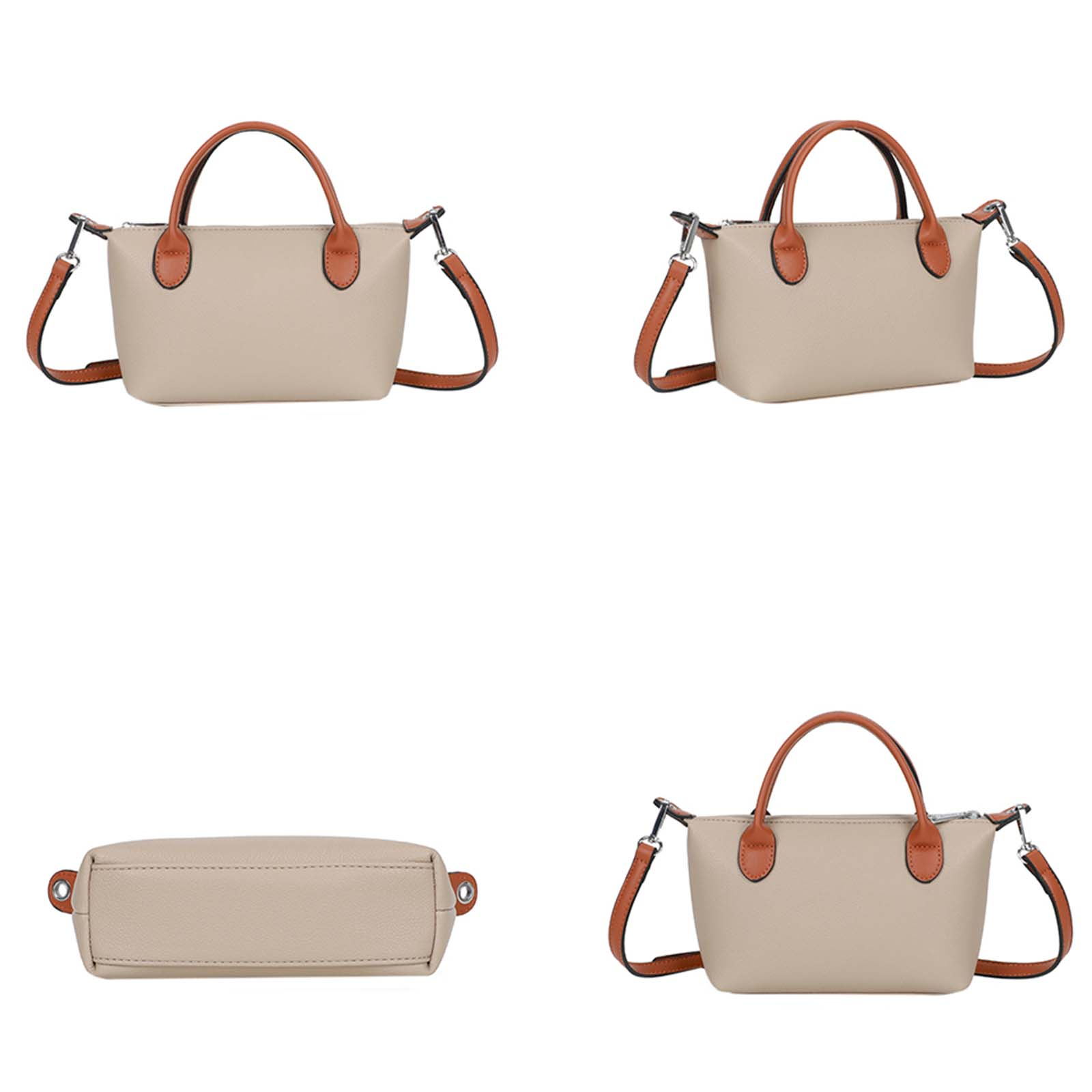 Bolso de mano beige con asas y correa de hombro marrones. Se muestran varias vistas del bolso.