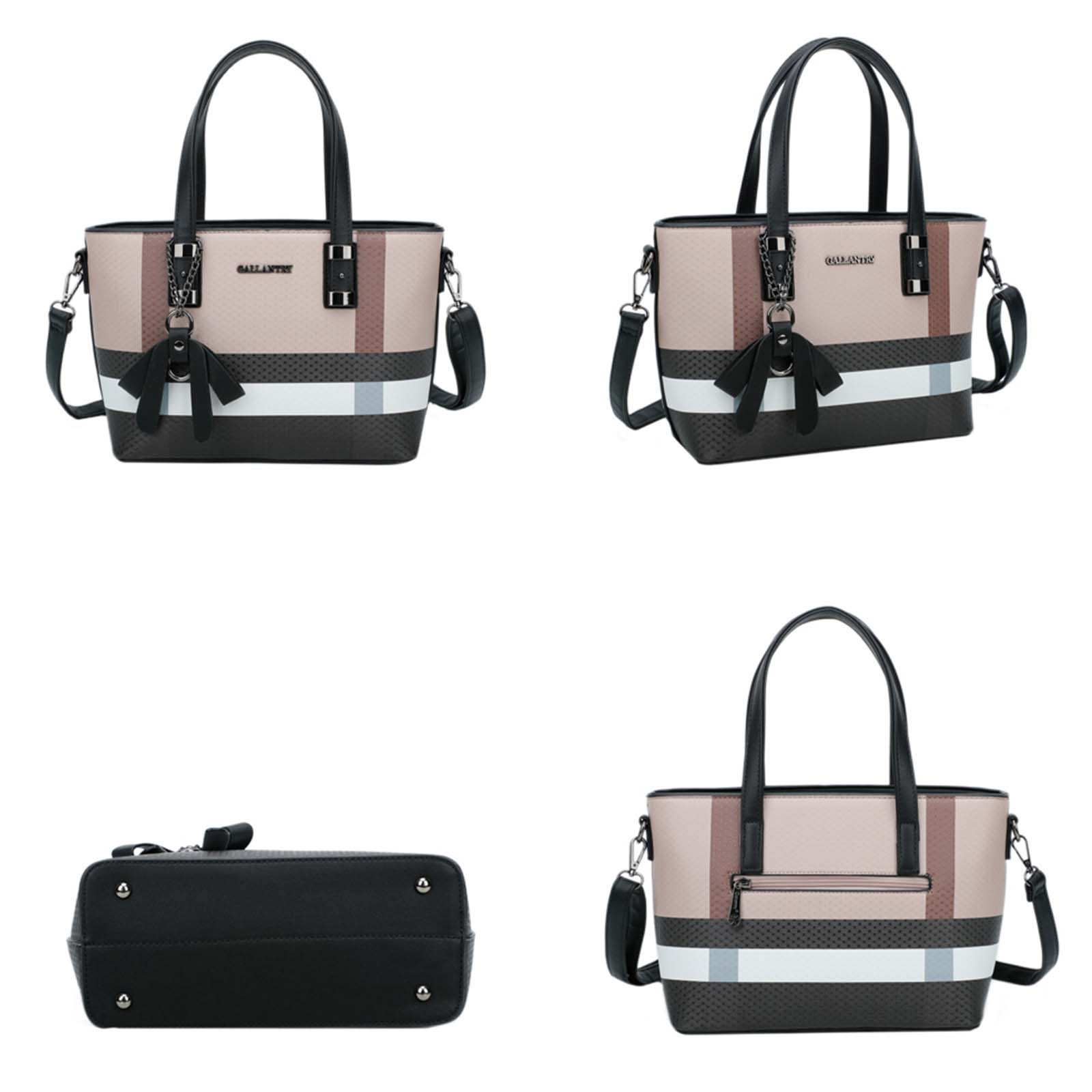 Cuatro vistas de un bolso. Tiene asas y correa negras, cuerpo beige con rayas blancas y negras, y una borla negra.