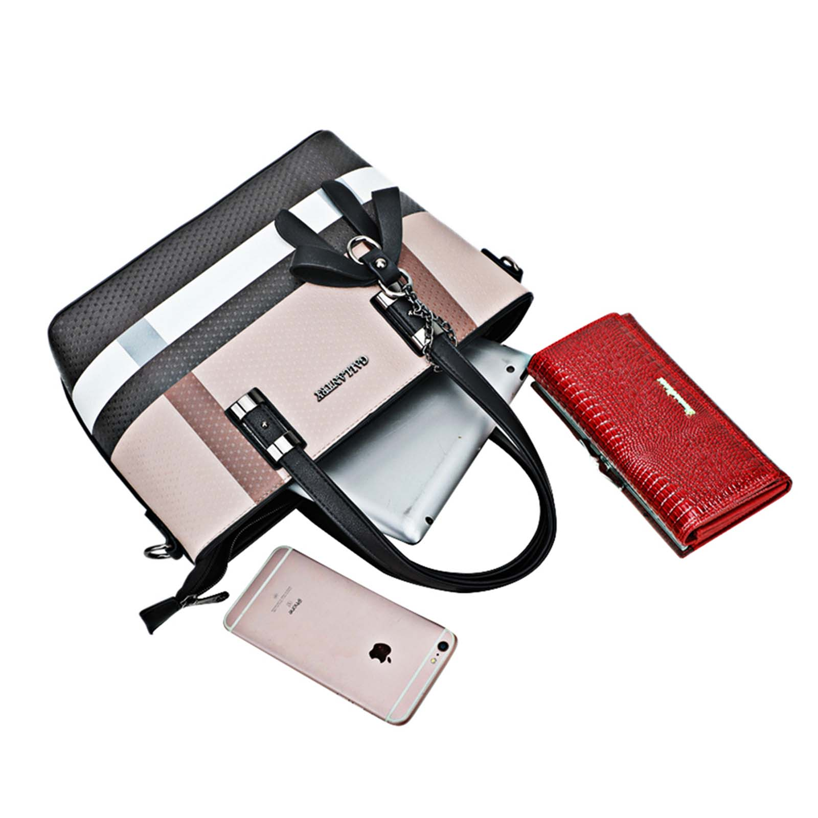 Se ven un bolso con una tableta, una cartera roja y un smartphone. El bolso es negro, blanco y rosa. El fondo es blanco.