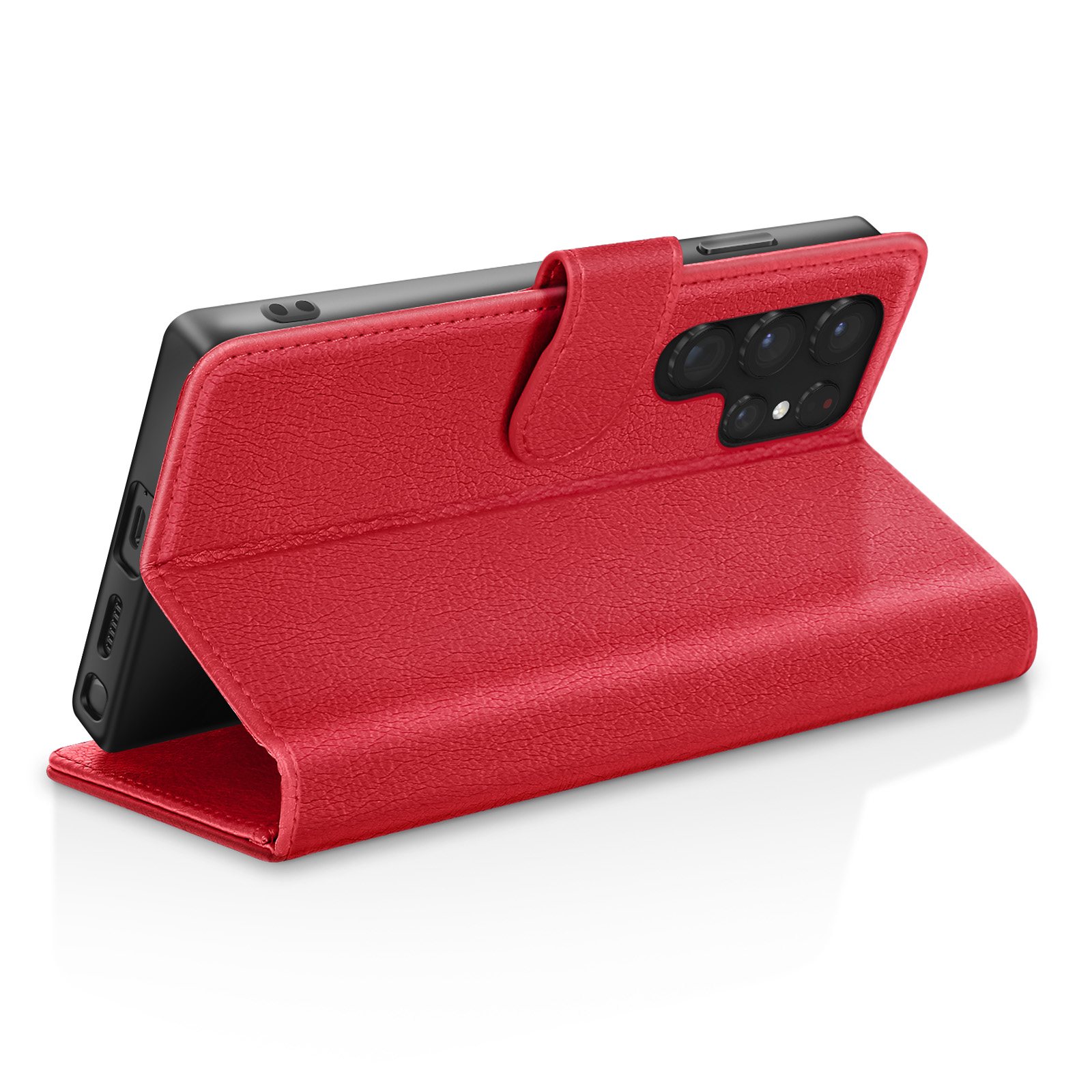 Étui de téléphone rouge avec un téléphone à l'intérieur, ouvert. L'étui est texturé en cuir. Le téléphone a plusieurs caméras. Fond blanc.