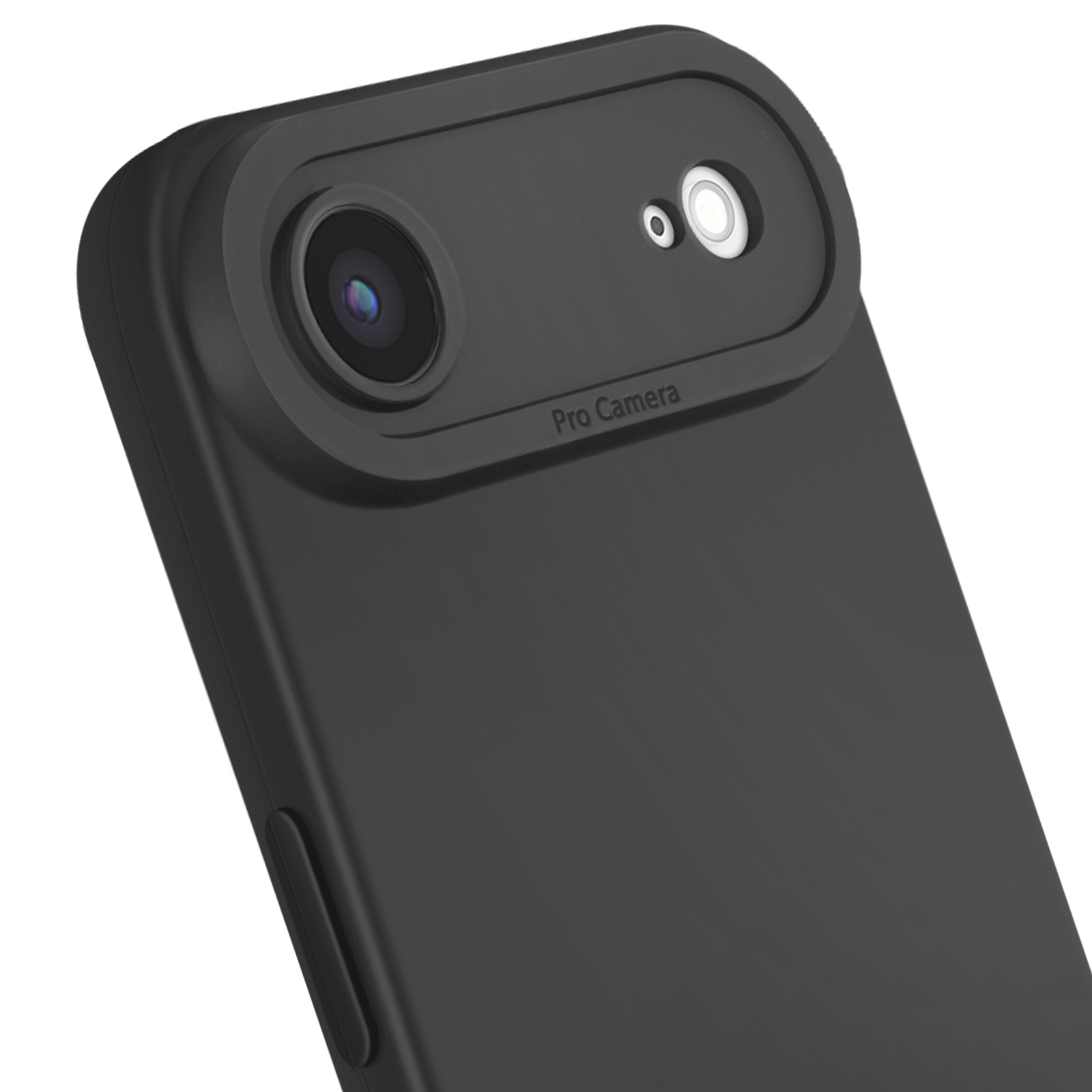 Primo piano di una custodia per telefono nera. Presenta un ritaglio per la fotocamera con la scritta 'Pro Camera' e un flash.