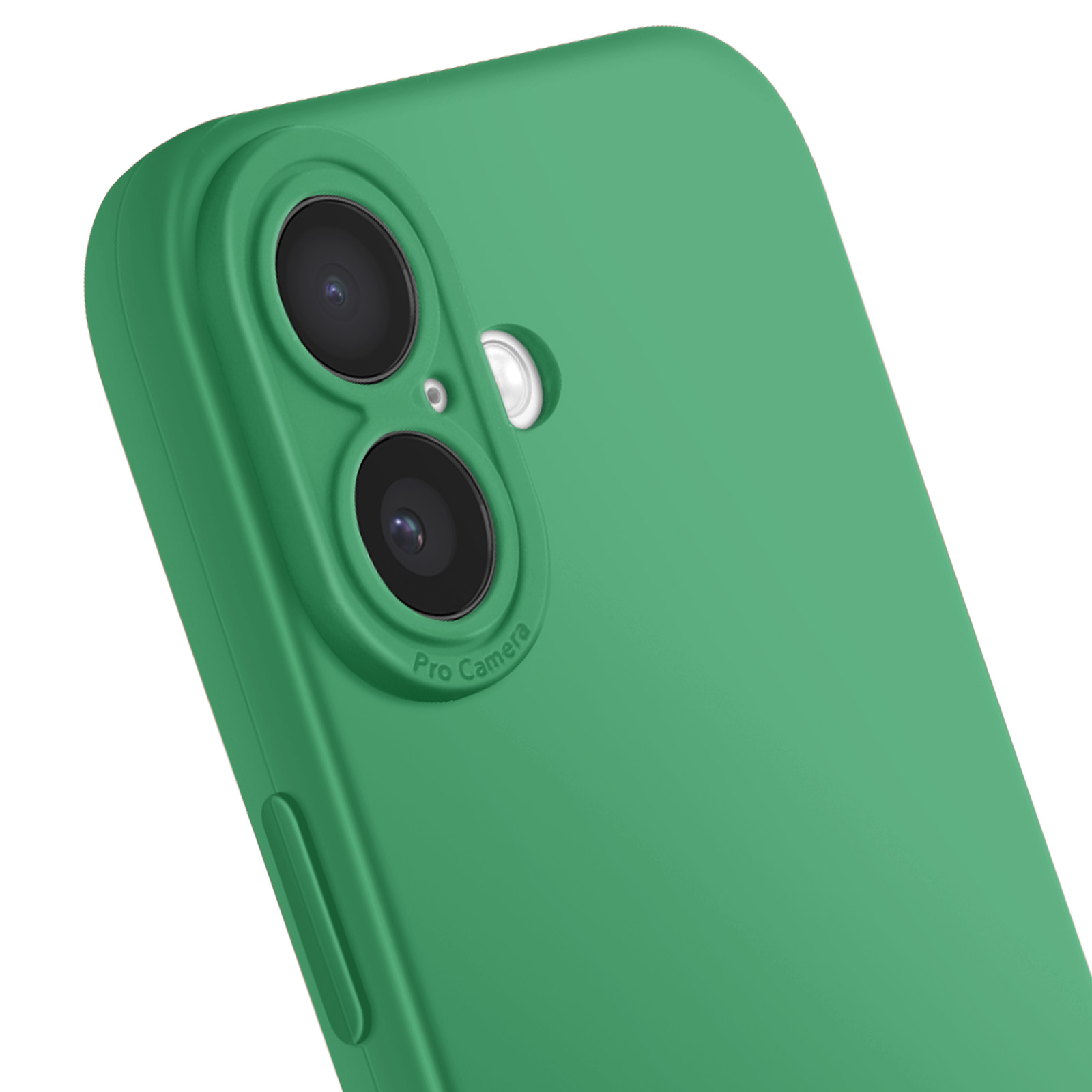 Close-up van een groene telefoonhoes met twee cameralenzen. 'Pro Camera' is erop gedrukt.