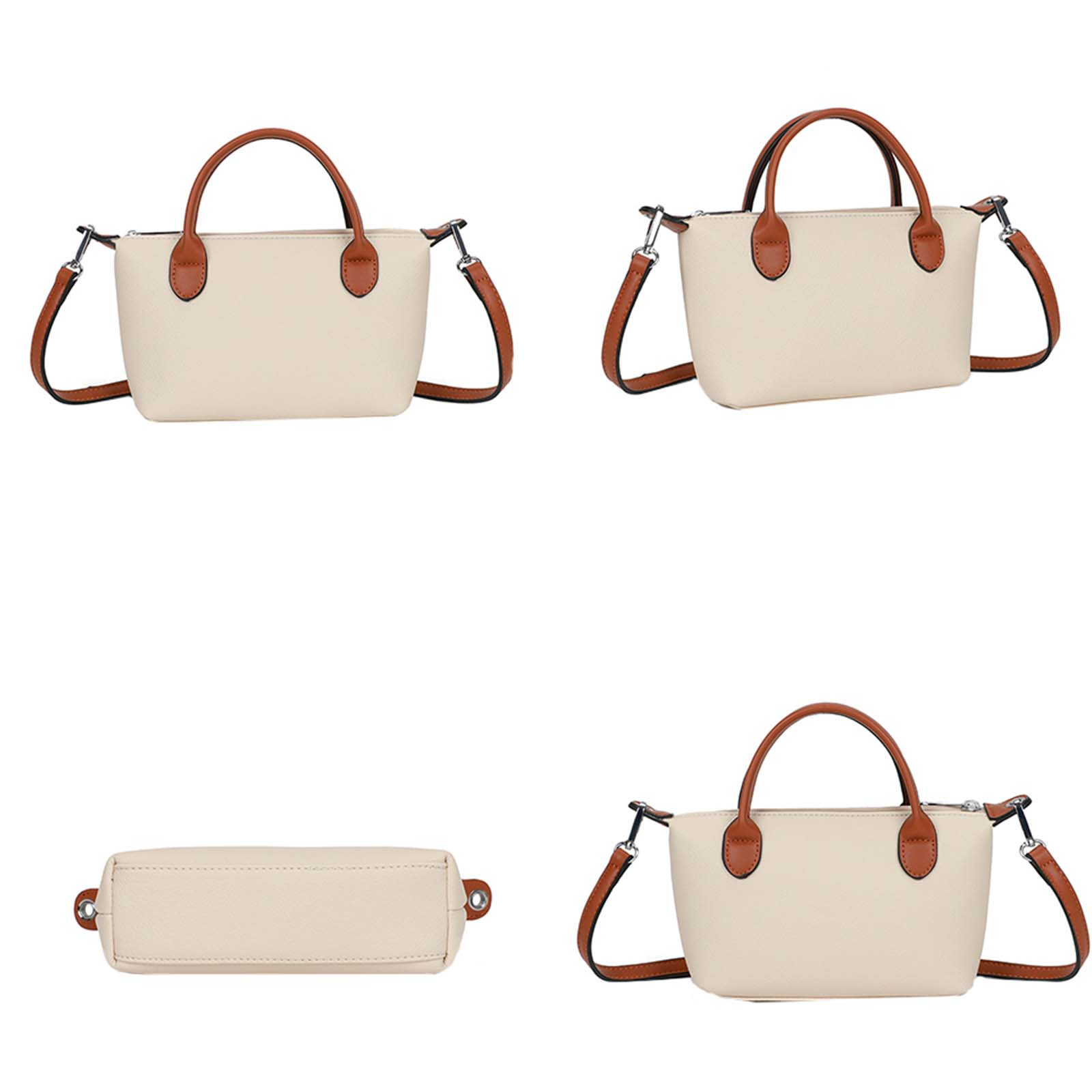 Se muestran cuatro bolsos beige con asas y correas marrones, cada uno con diferentes perspectivas.