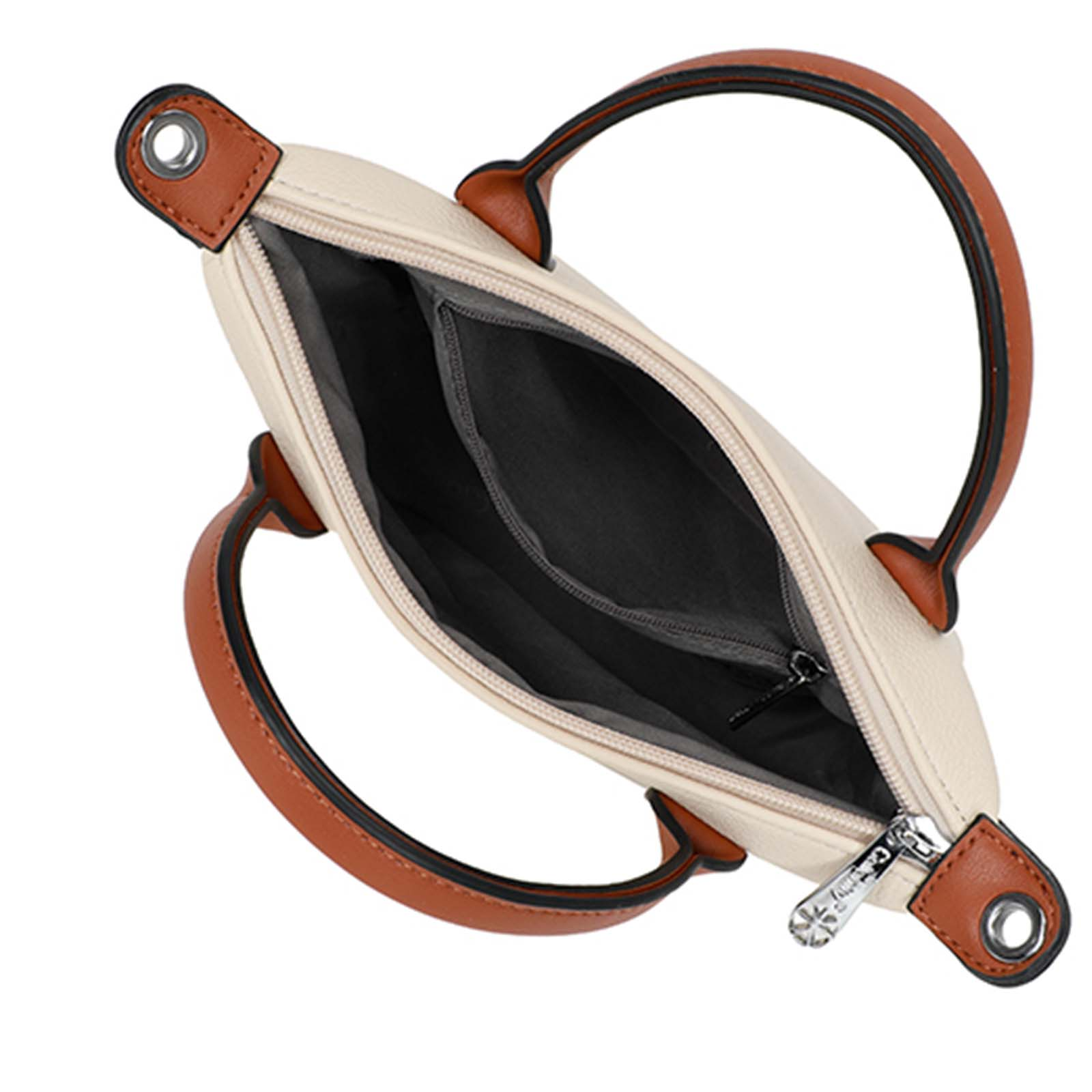Bolso crema con asas y detalles marrones. Abierto, revelando interior oscuro y cremallera.