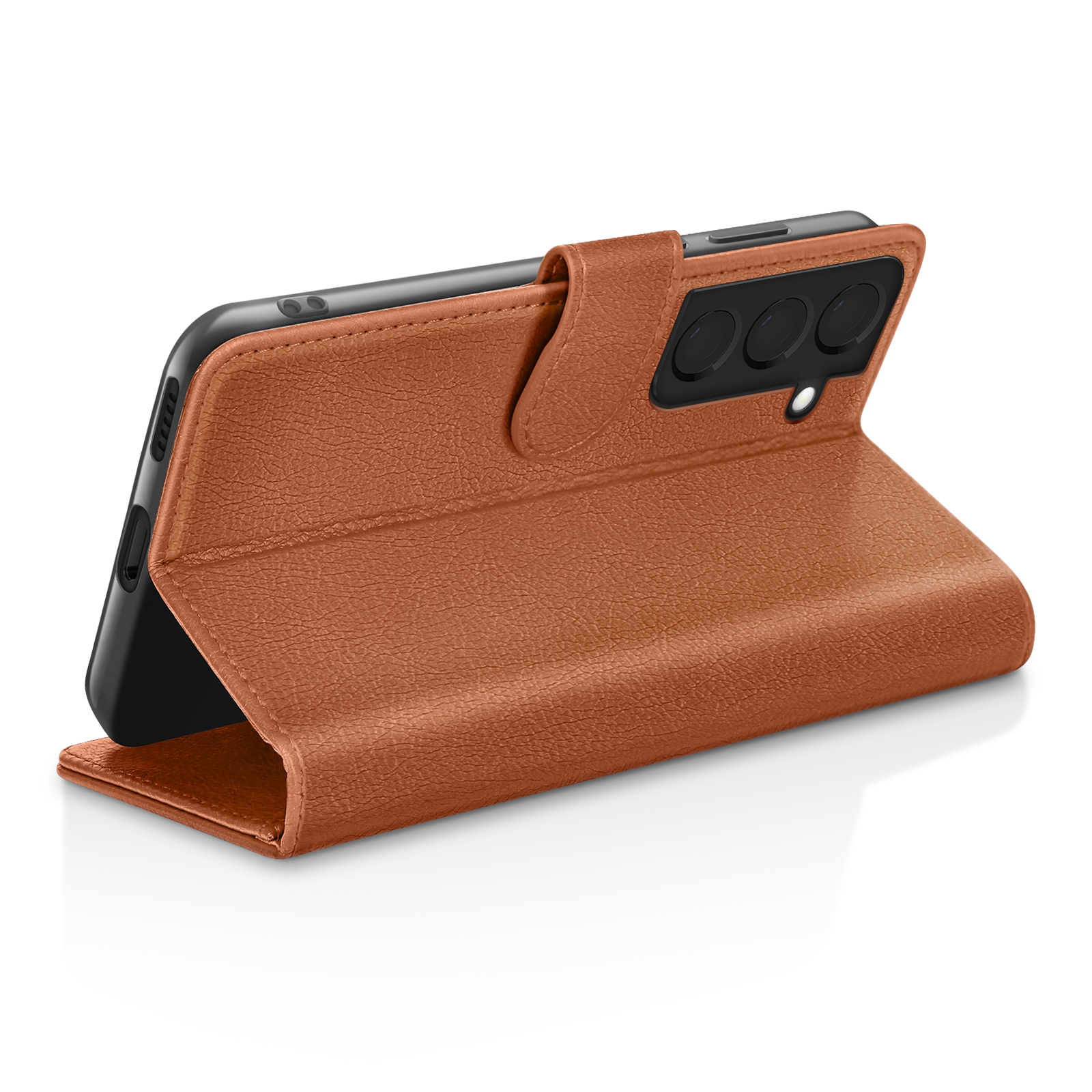 Un étui de téléphone en cuir marron est ouvert, tenant un téléphone noir. L'étui est sur une surface blanche.