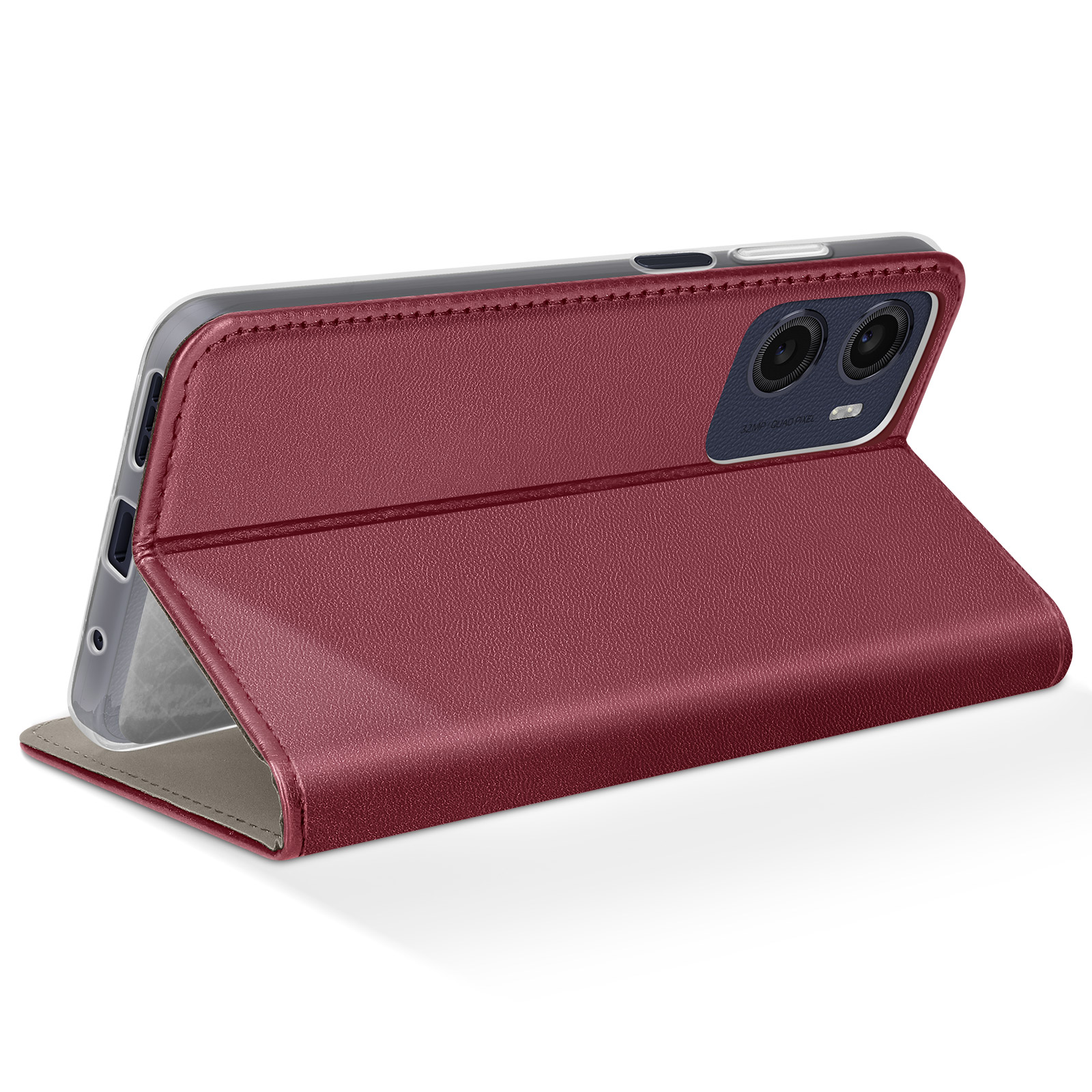 Una custodia bordeaux è aperta, con un telefono. La custodia è su una superficie bianca. La fotocamera del telefono è visibile.