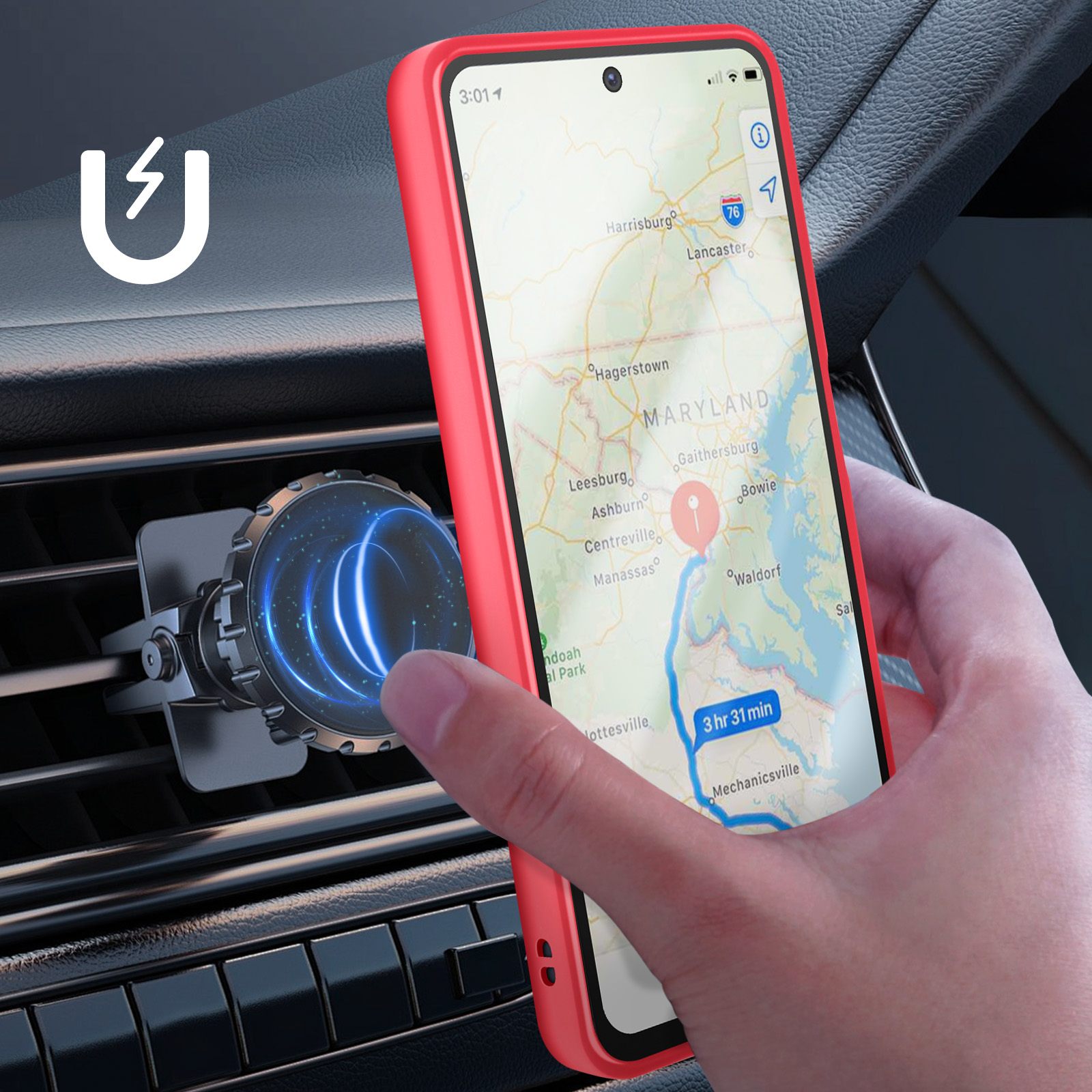 Un téléphone dans un étui rouge affiche une carte. Il est dans une voiture, tenu près d'un support de ventilation magnétique.