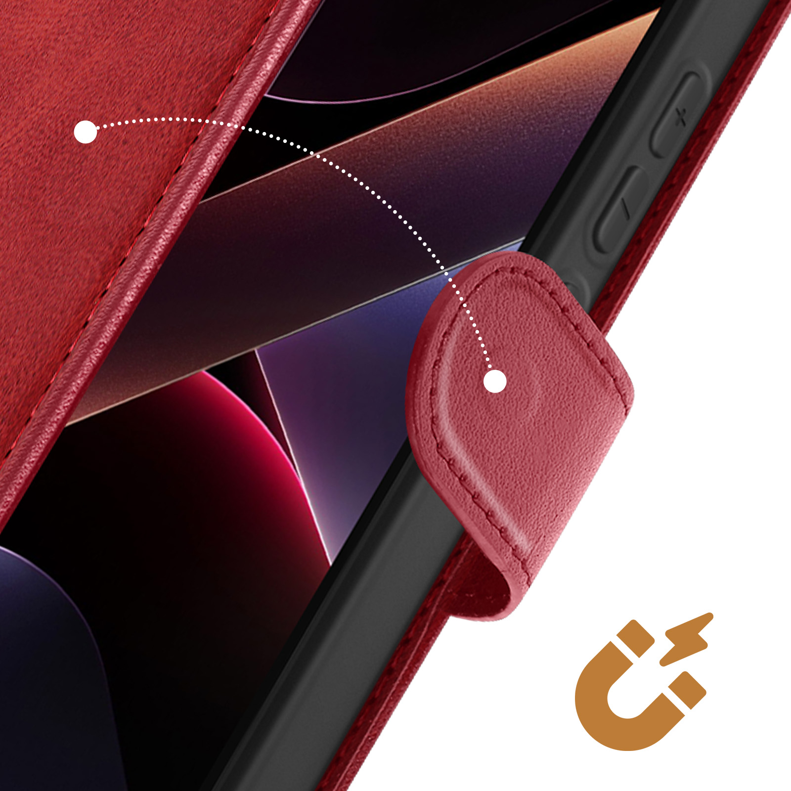 Una custodia rossa copre parzialmente un telefono nero. Simbolo magnetico nell'angolo in basso a destra.