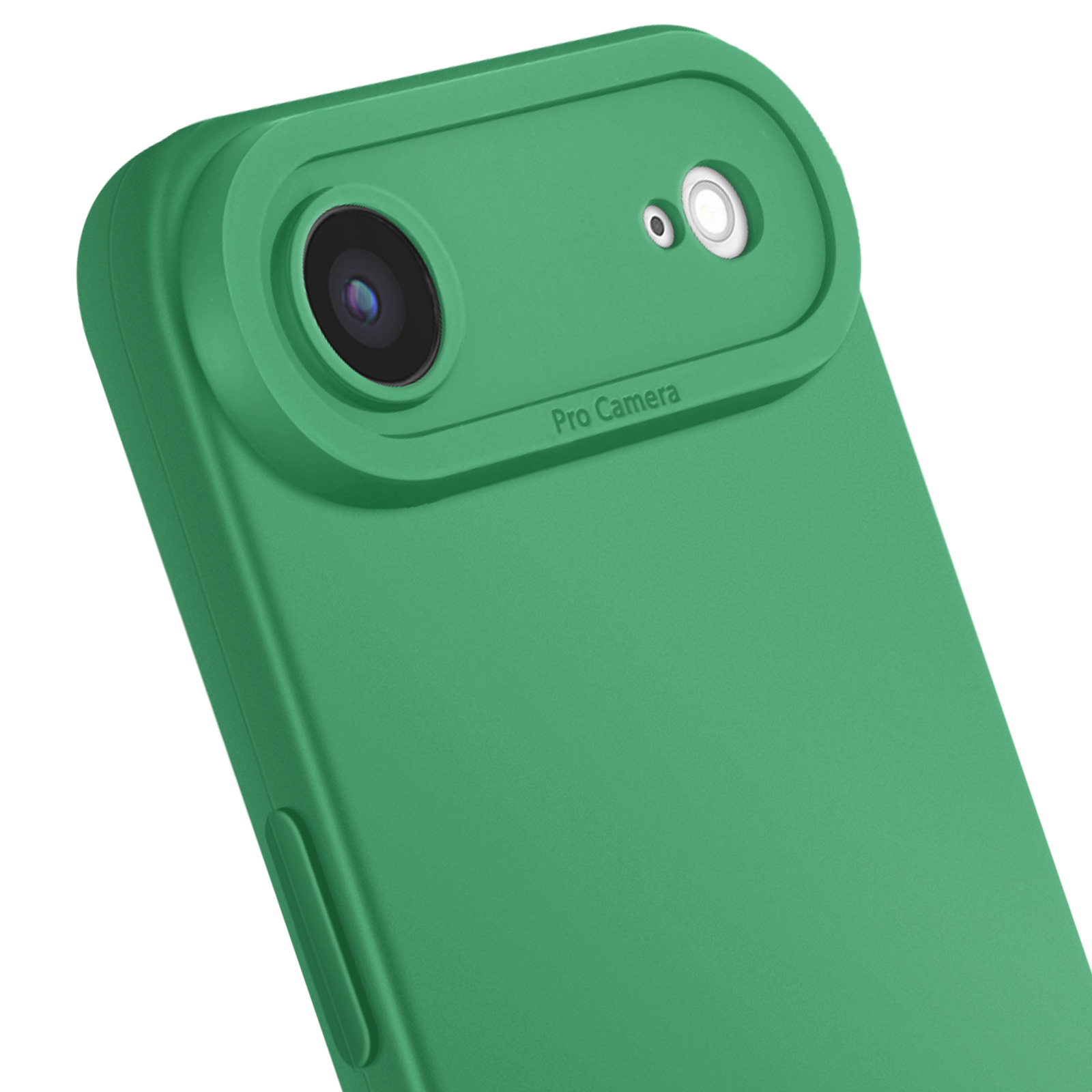 Coque de téléphone verte avec détails de caméra. Texte Pro Camera visible. Fond blanc.