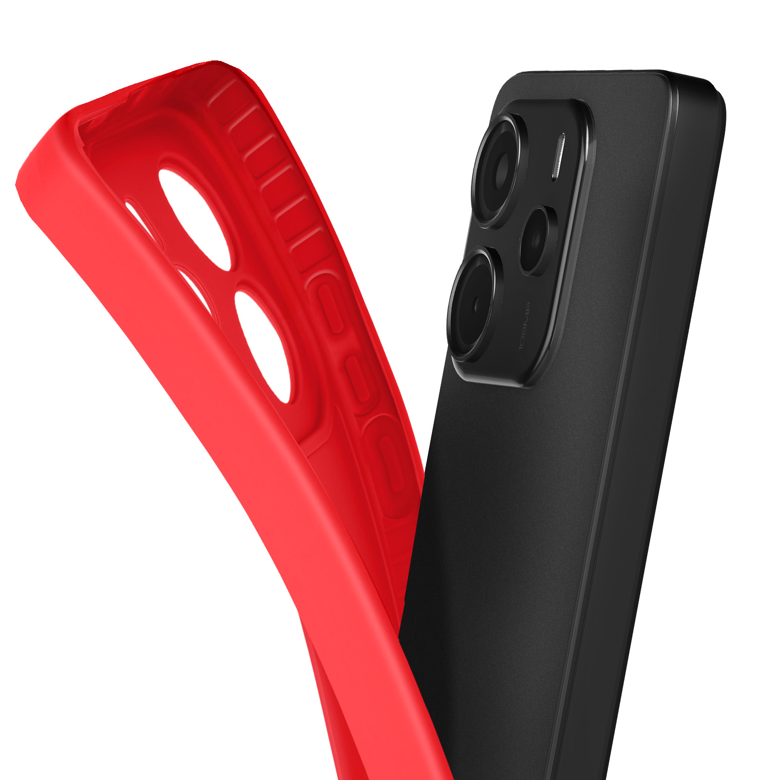 Una custodia rossa che copre parzialmente un telefono nero. Il telefono ha lenti della fotocamera. Sfondo bianco.