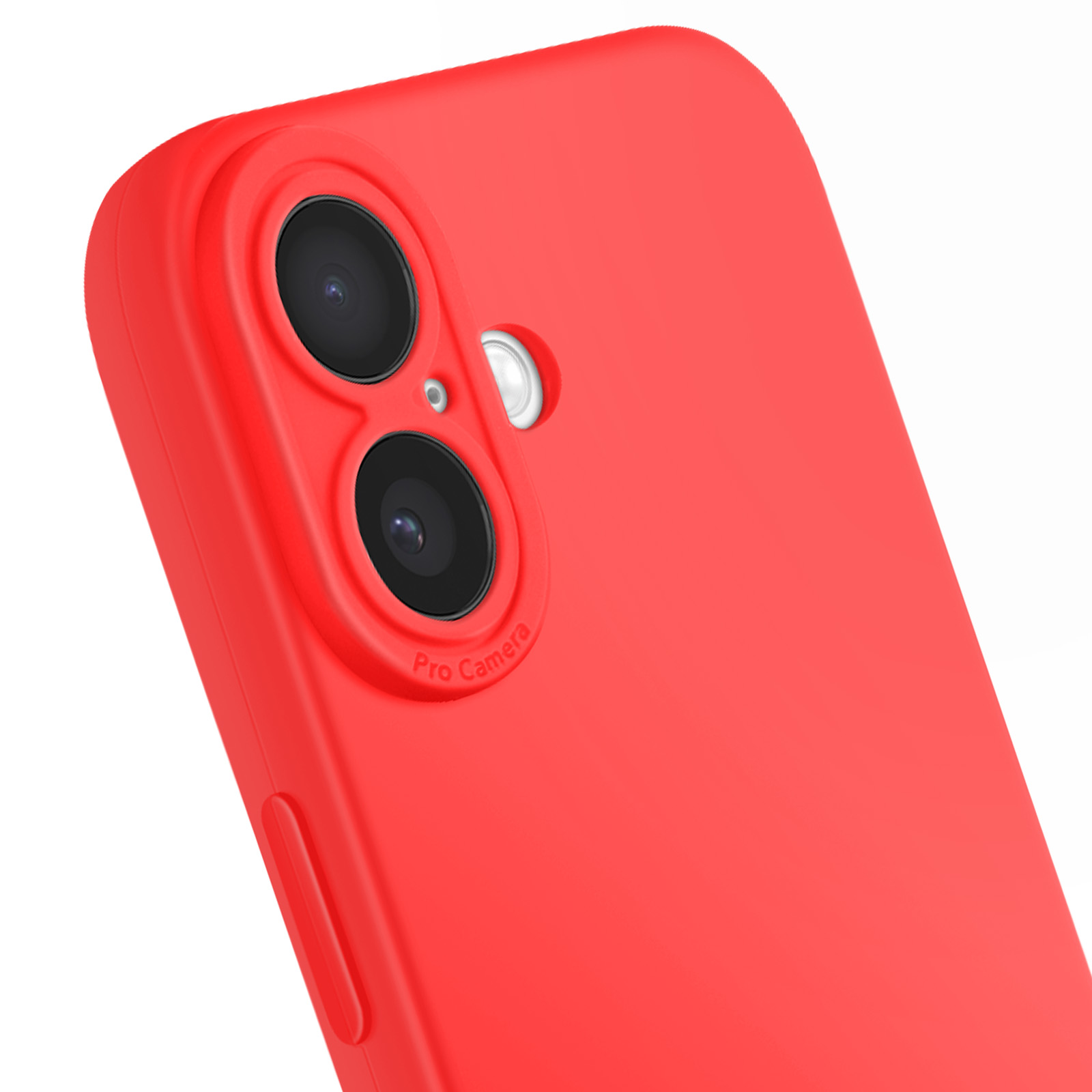 Close-up van een rode telefoonhoes met twee cameralenzen. De woorden 'Pro Camera' zijn zichtbaar.