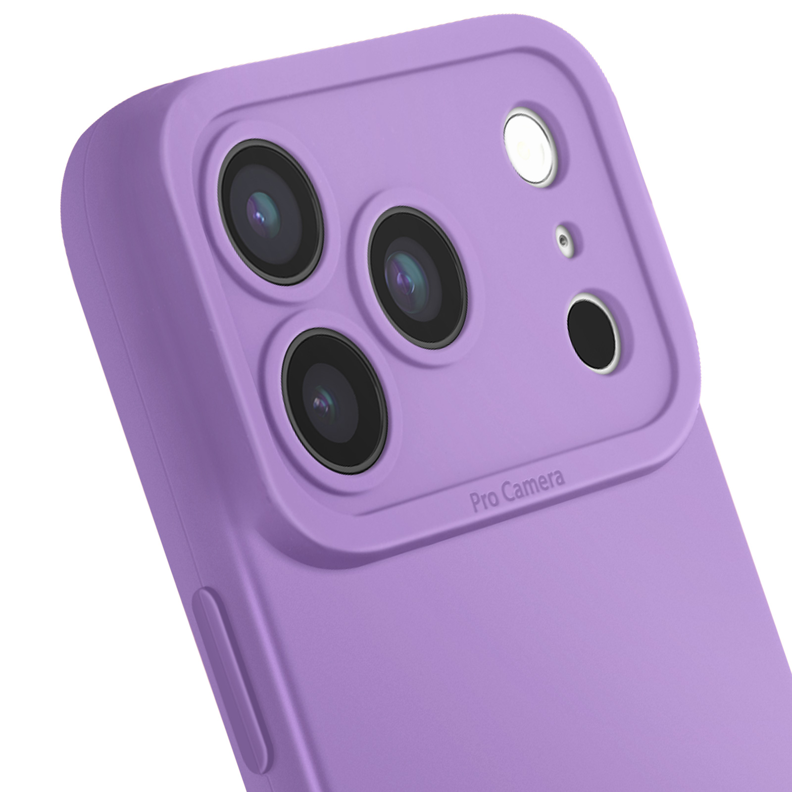 Gros plan sur une coque de téléphone violette avec trois objectifs, un flash et un capteur noir. Le texte 'Pro Camera' est visible.
