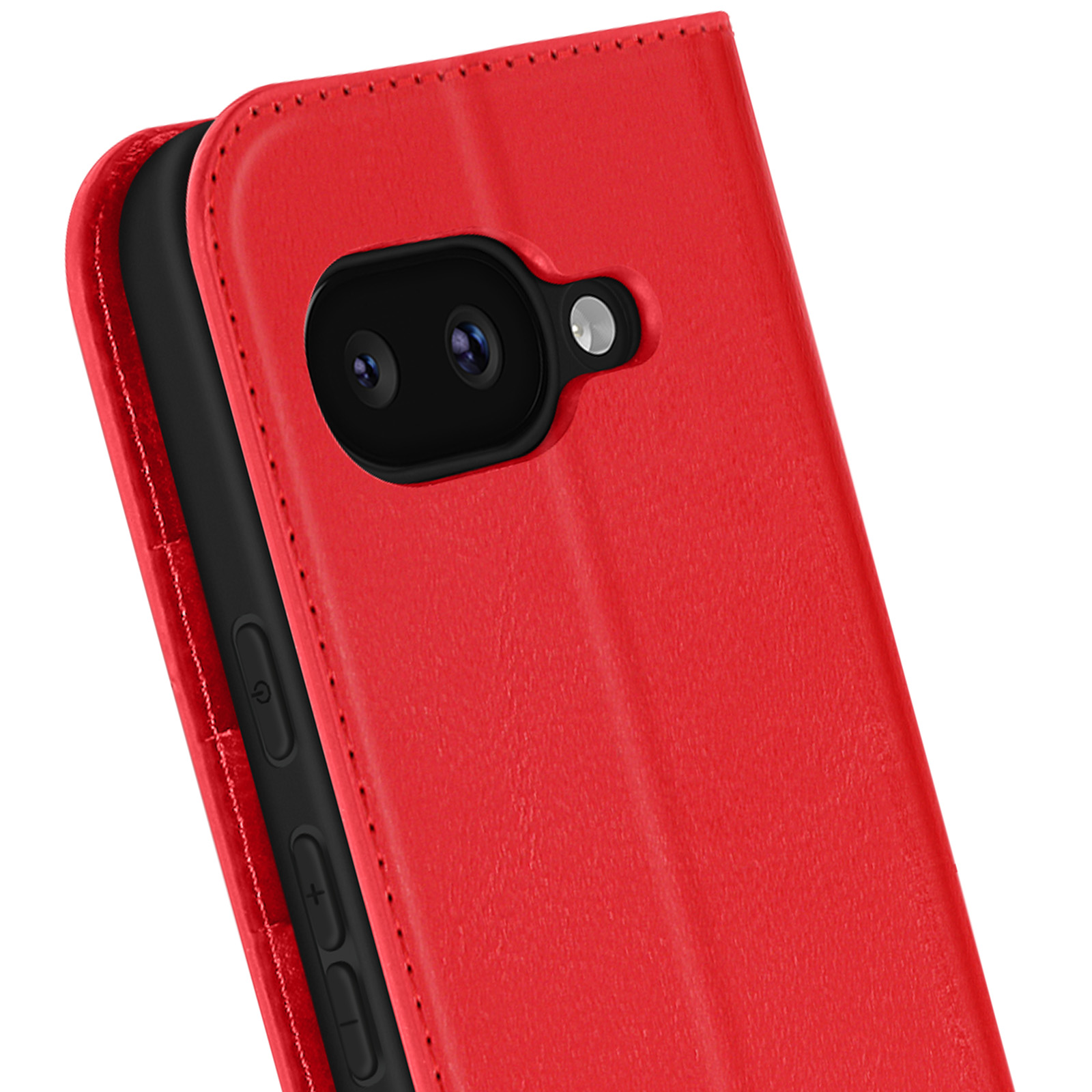 Custodia rossa per telefono con ritaglio per fotocamera e bordo nero visibile. La custodia è simile alla pelle con cuciture.