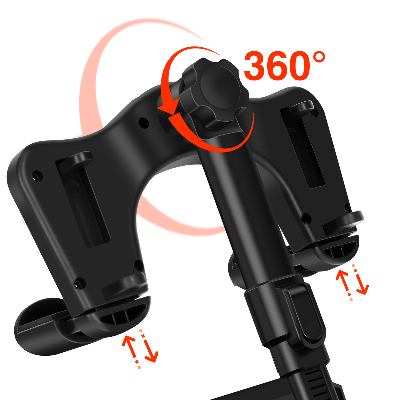 Soporte negro para teléfono de coche con rotación de 360 grados, piezas ajustables y flechas rojas que indican movimiento.
