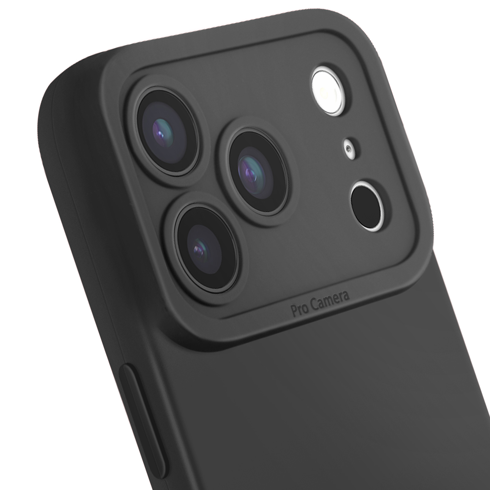 Close-up van een zwart telefooncameramodule met vier lenzen, een flitser en een Pro Camera-label.