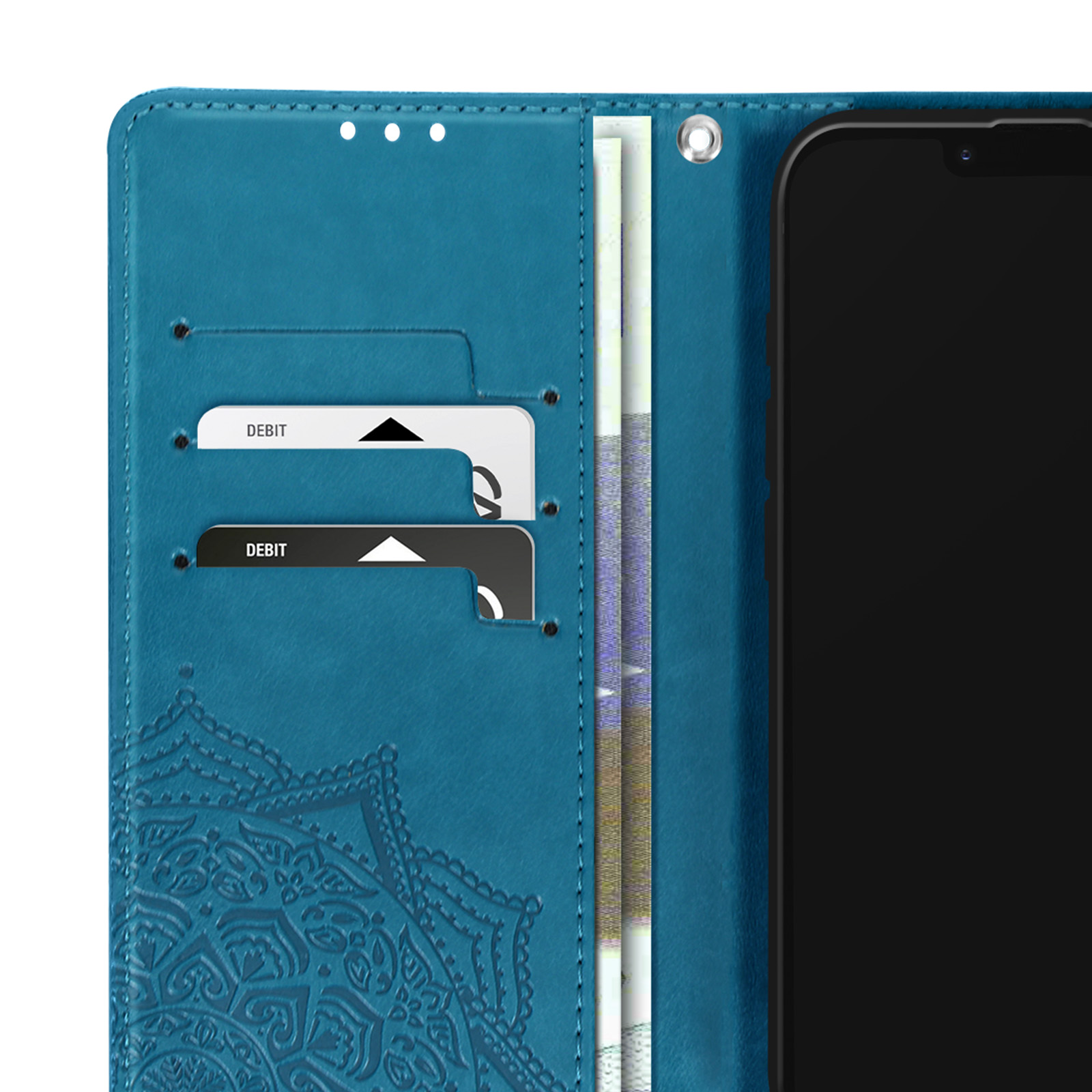Turquoise telefoonhoes met kaarten en een telefoon erin. De hoes heeft een mandala-ontwerp.