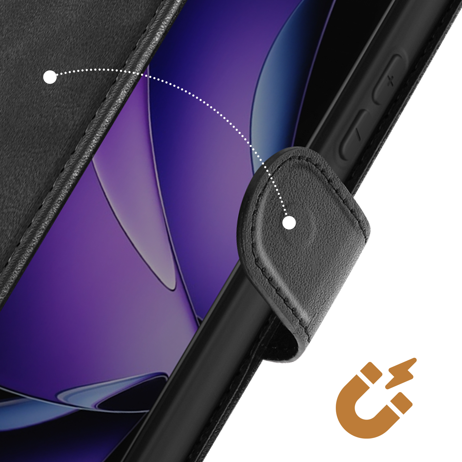 Schwarze Handyhülle mit lila Bildschirm. Rechts ein Magnetsymbol.