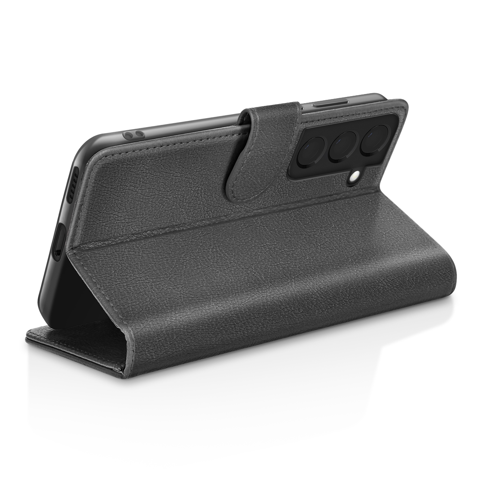 Téléphone noir dans un étui en cuir gris, ouvert pour afficher l'écran. Fond blanc.