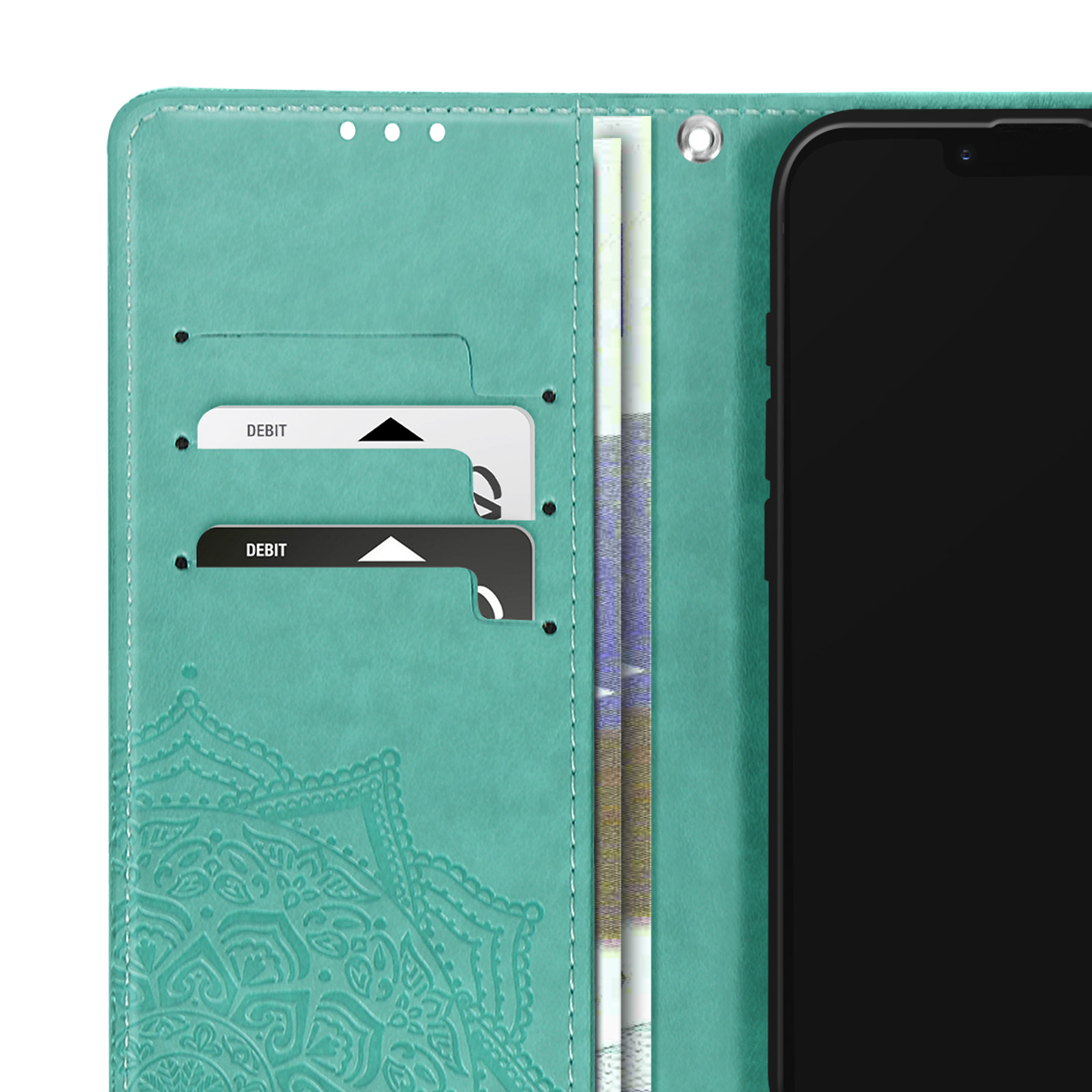 Étui de téléphone sarcelle avec cartes, argent liquide et un téléphone noir. L'étui a un motif mandala et des cartes de débit.