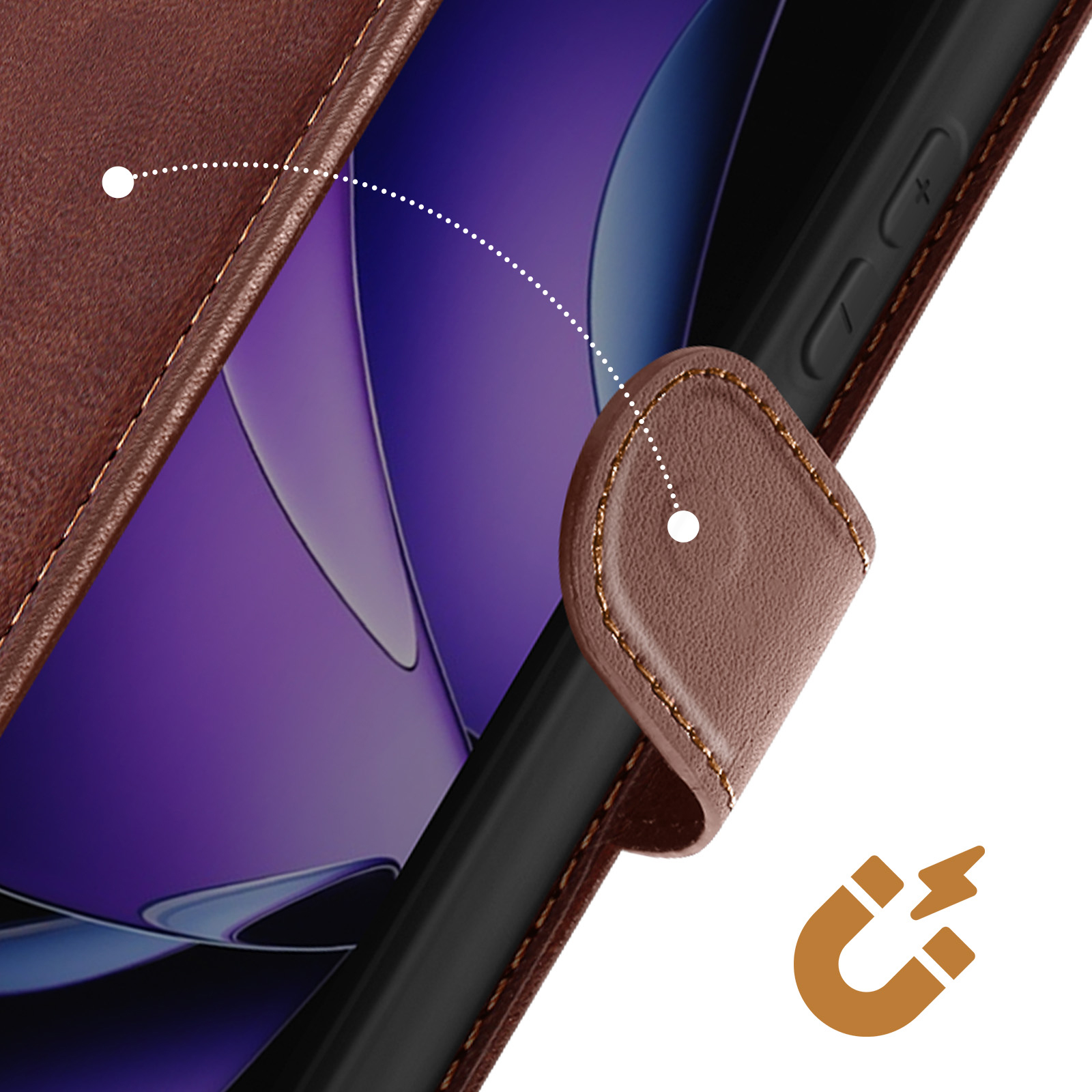 Primo piano di una custodia per telefono in pelle marrone con cuciture. È visibile uno schermo del telefono viola. Icona del magnete.