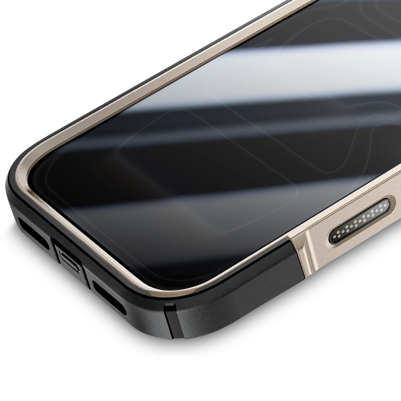 Close-up van een smartphone in een beschermhoesje. De hoes is zwart en goud, het scherm is donker.