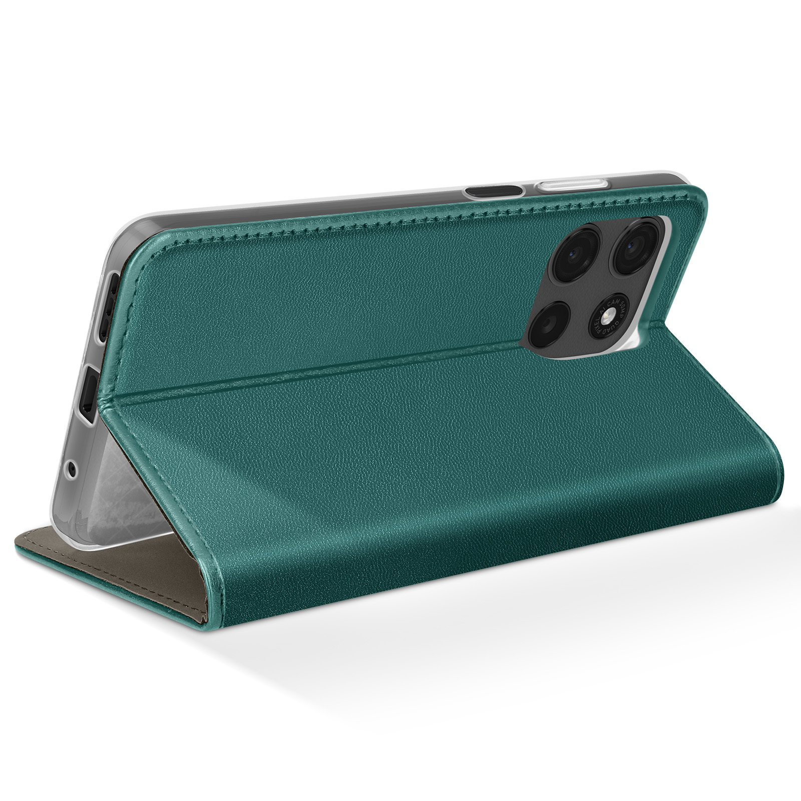 Eine tealfarbene Handyhülle, geöffnet, um ein Telefon zu enthüllen. Die Hülle ist lederartig mit Nähten. Das Telefon hat mehrere Kameralinsen.