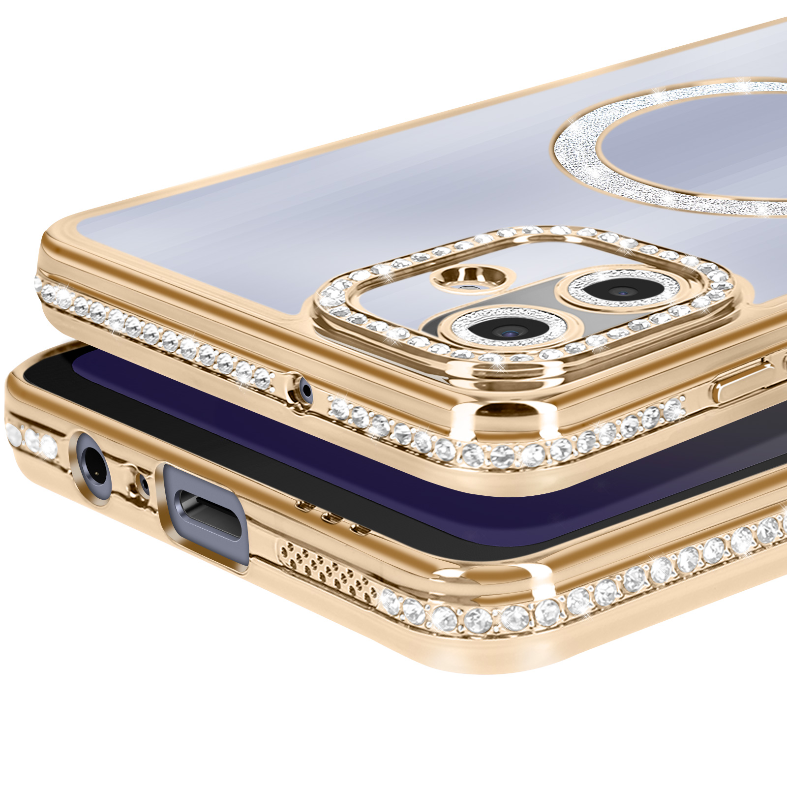 Primo piano di una custodia dorata per telefono con strass. La custodia ha un retro trasparente e un interno viola scuro.