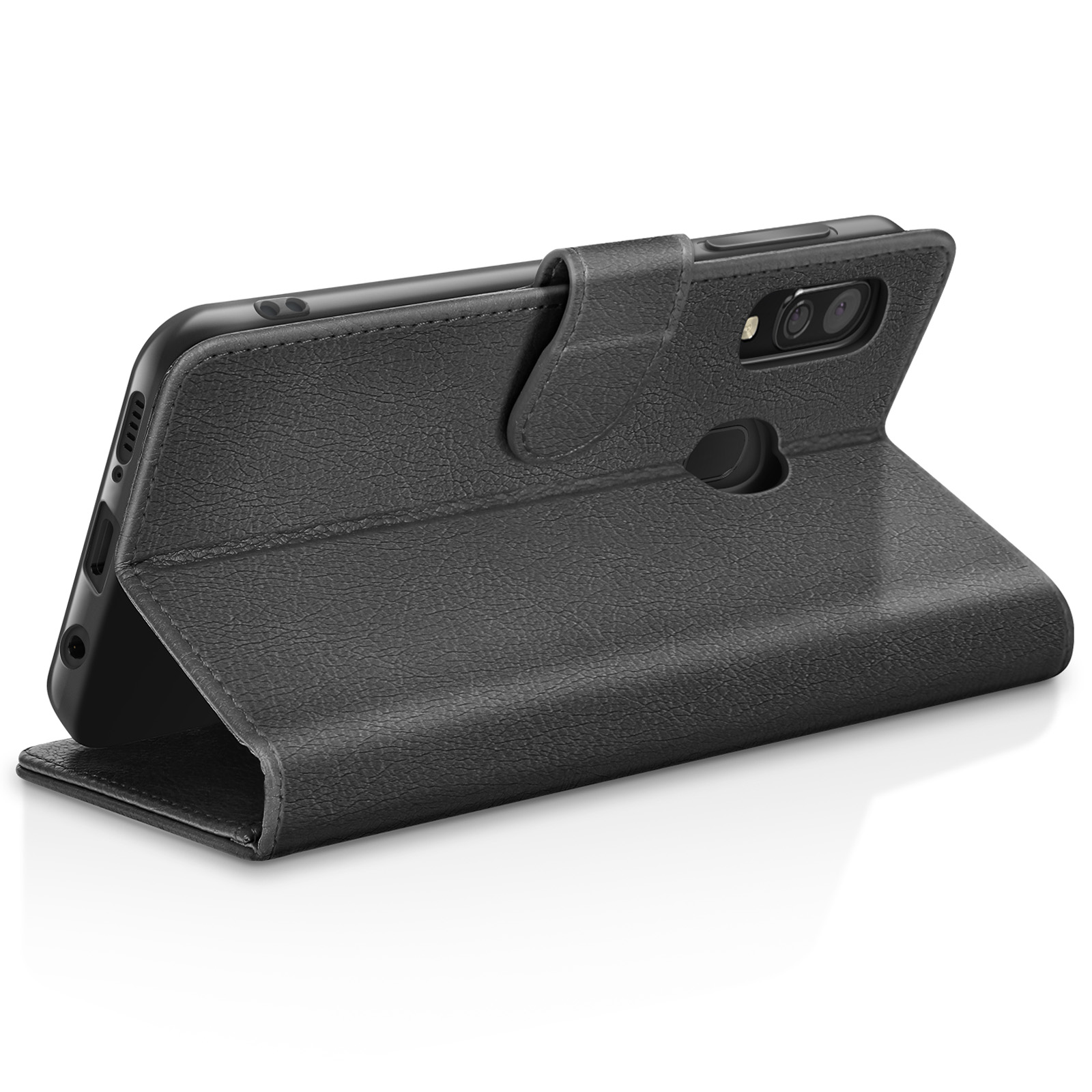 Étui de téléphone en cuir noir, ouvert, montrant le téléphone. L'étui a une surface texturée et une fermeture magnétique. Fond blanc.