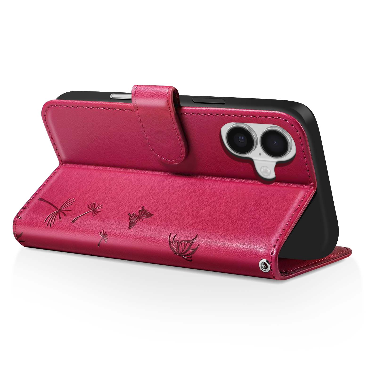 Una custodia magenta con disegni di farfalle e denti di leone, che tiene un telefono nero. La custodia è aperta.