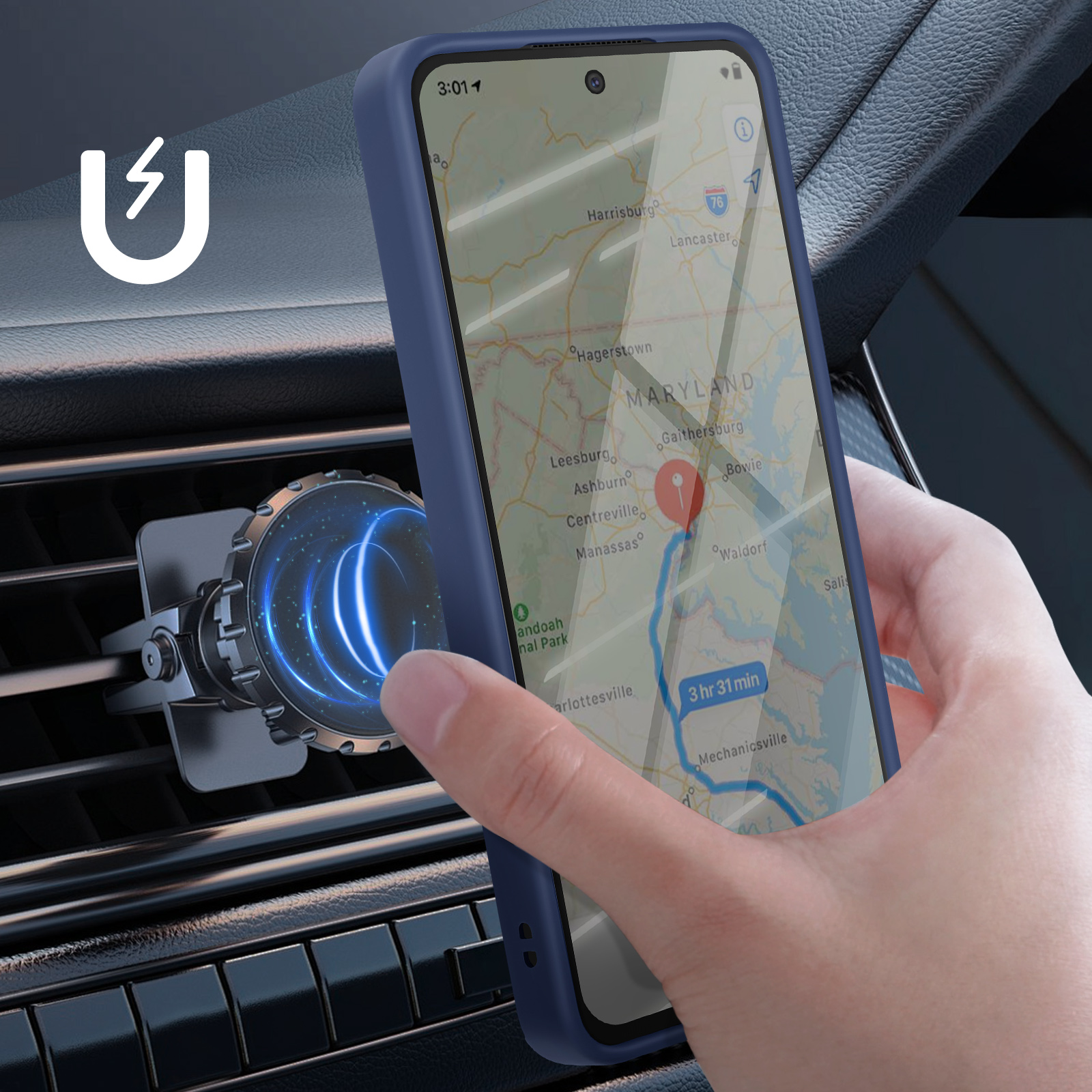 Un telefono che mostra una mappa è tenuto in un'auto, accanto a un supporto magnetico per telefono.