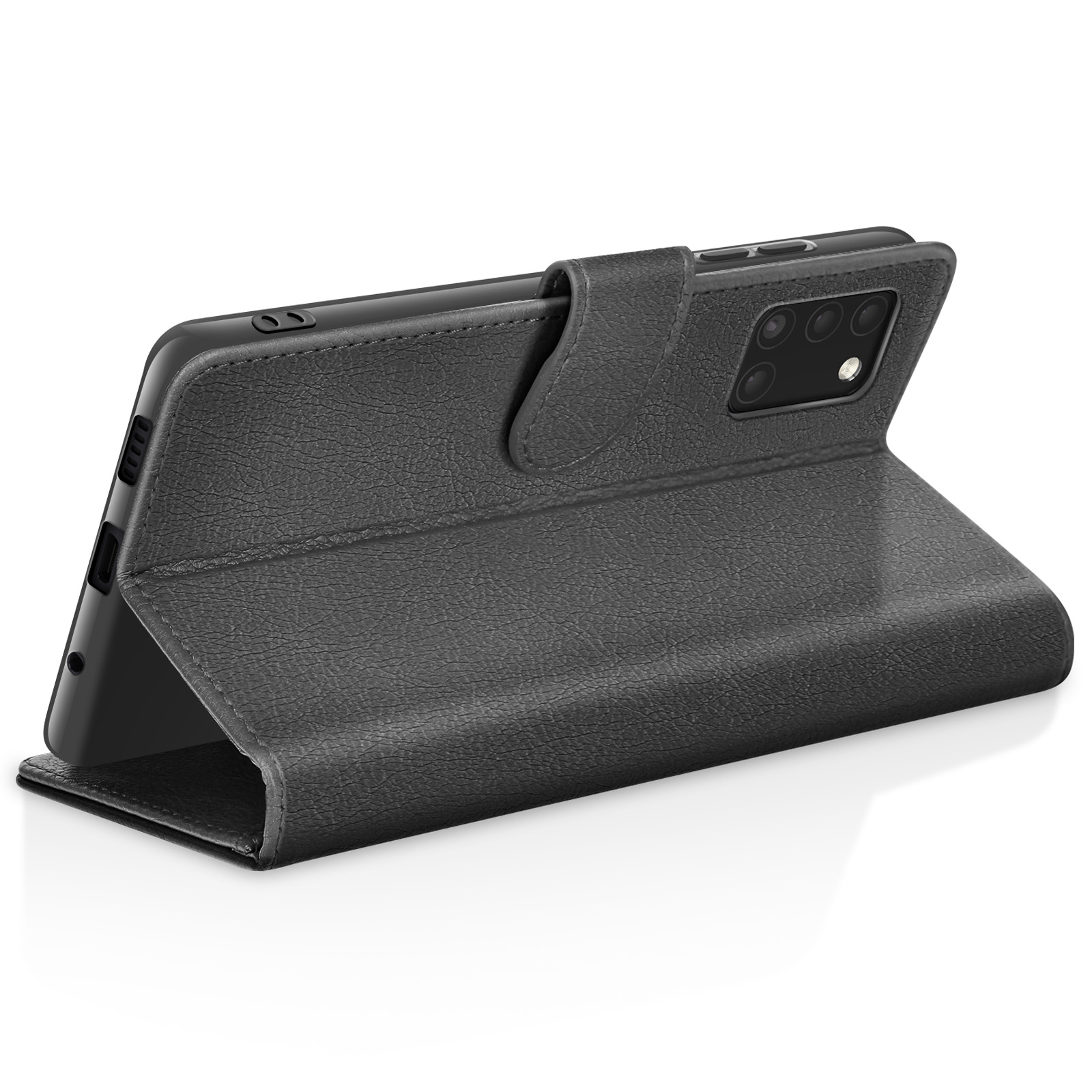 Un étui de téléphone gris foncé avec une finition texturée est ouvert, affichant la caméra et les boutons du téléphone. Le fond est blanc.