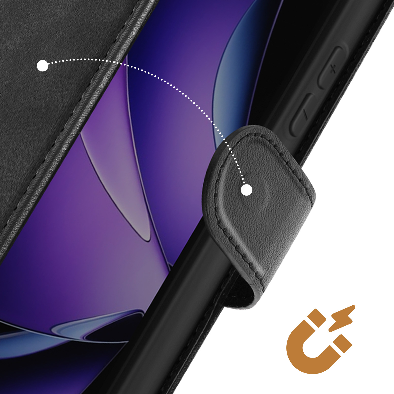 Custodia nera per telefono con chiusura magnetica. Schermo viola visibile. Simbolo magnetico marrone nell'angolo. Linee tratteggiate indicano la chiusura.