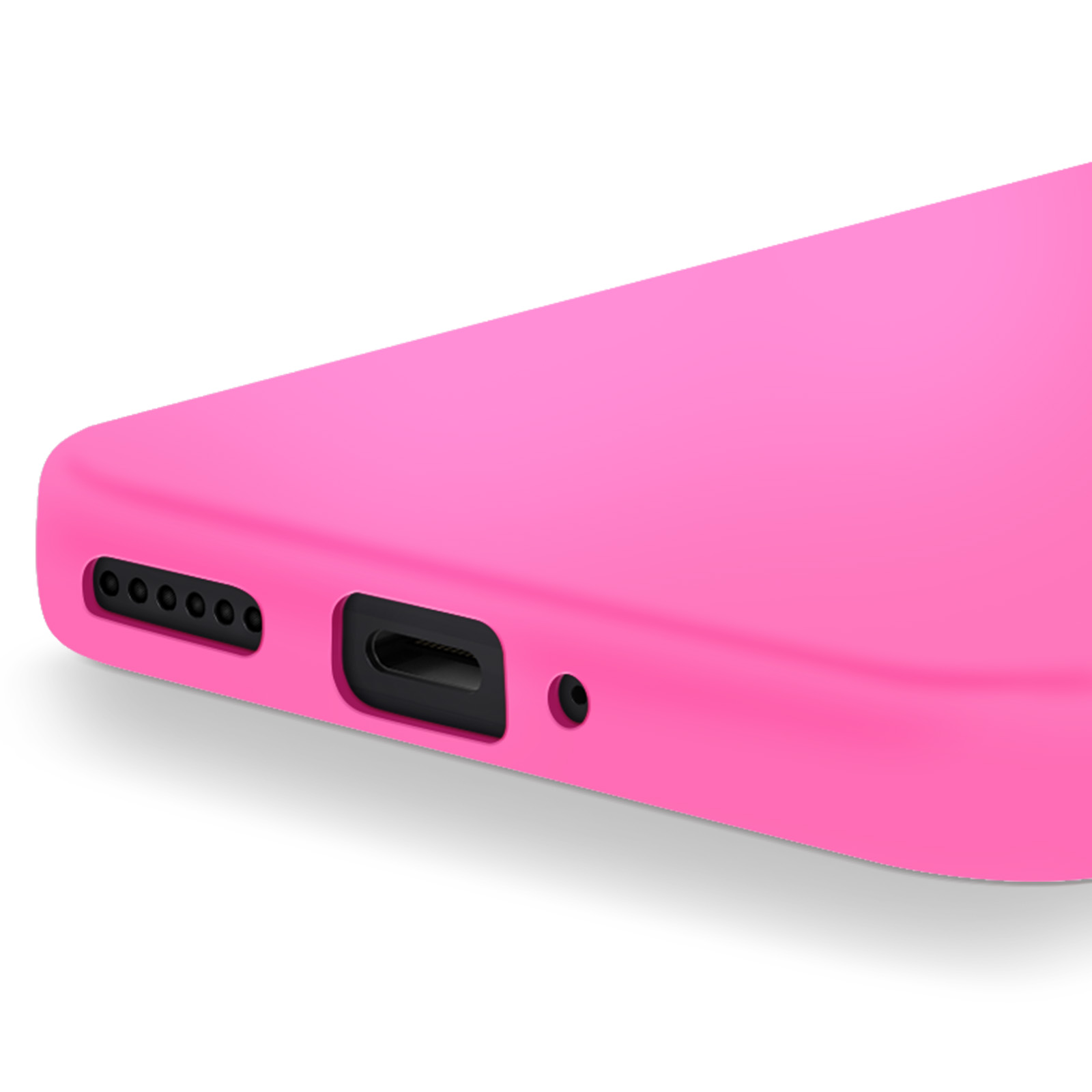 Primo piano di una custodia per telefono rosa. Include fori per altoparlanti, una porta di ricarica e un piccolo foro circolare. Sfondo bianco.