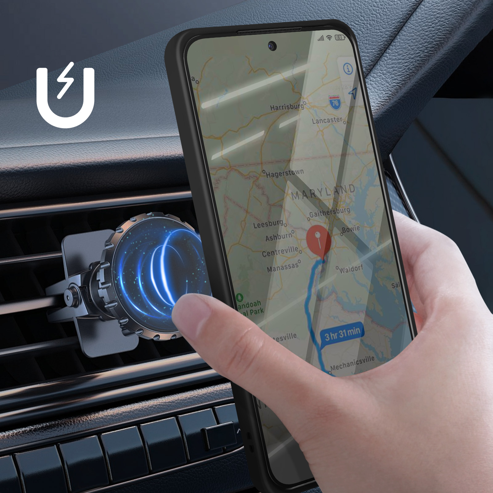 Ein Telefon mit Karte ist an einer Lüftung befestigt. Eine Hand berührt den Bildschirm und zeigt die Route.