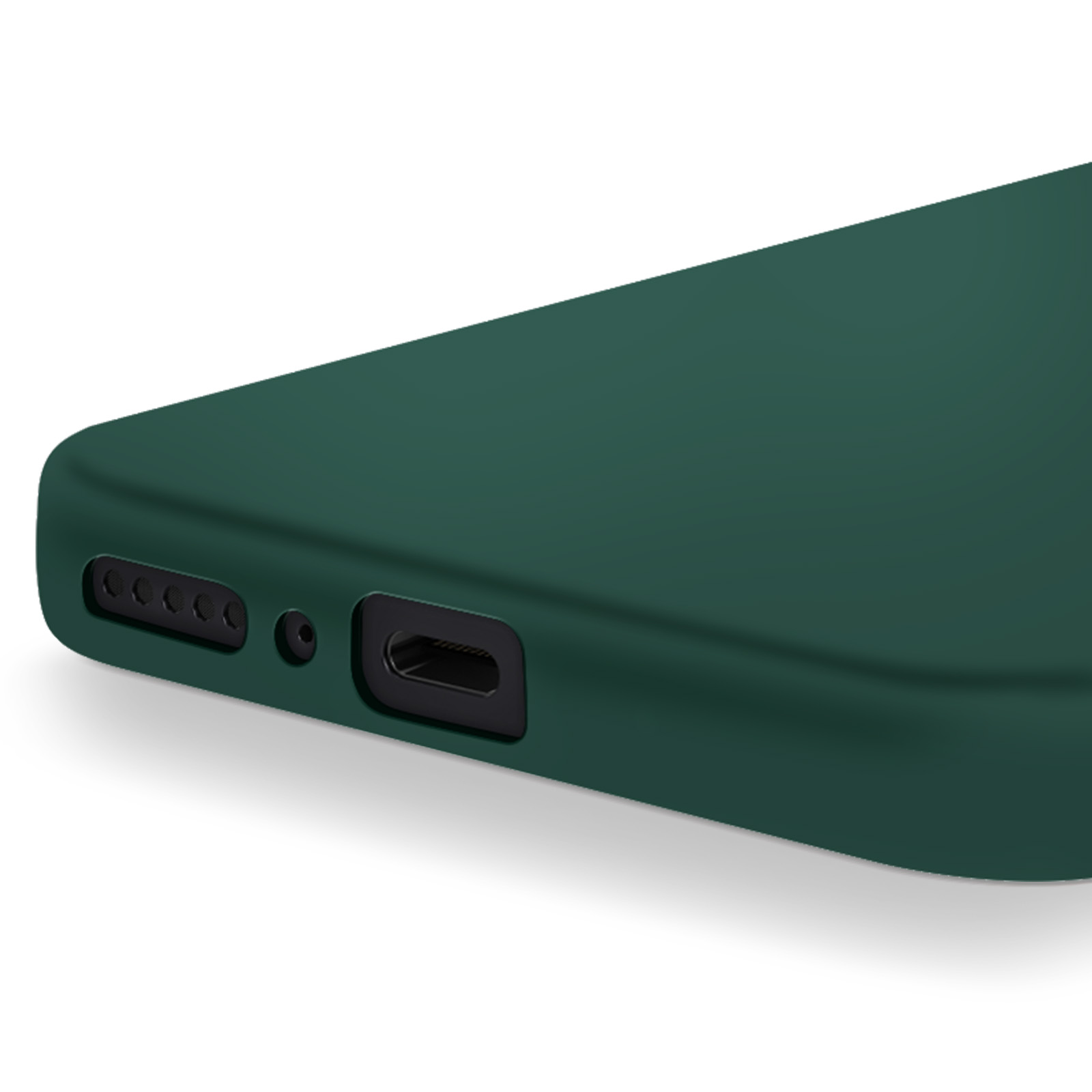 Primo piano di una custodia per telefono verde scuro. Visibili fori per altoparlanti, porta di ricarica e un piccolo foro per microfono.