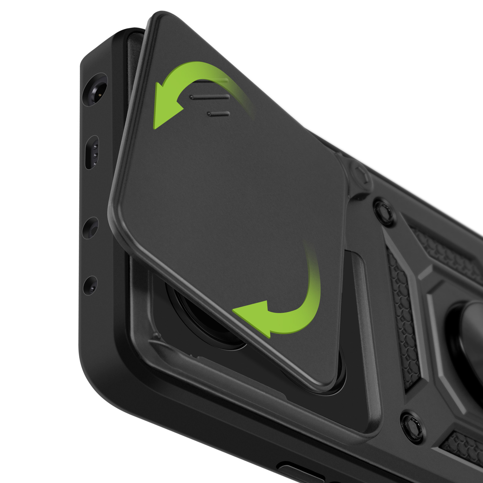 Custodia nera per telefono con copertura scorrevole per fotocamera. Frecce verdi indicano il movimento.