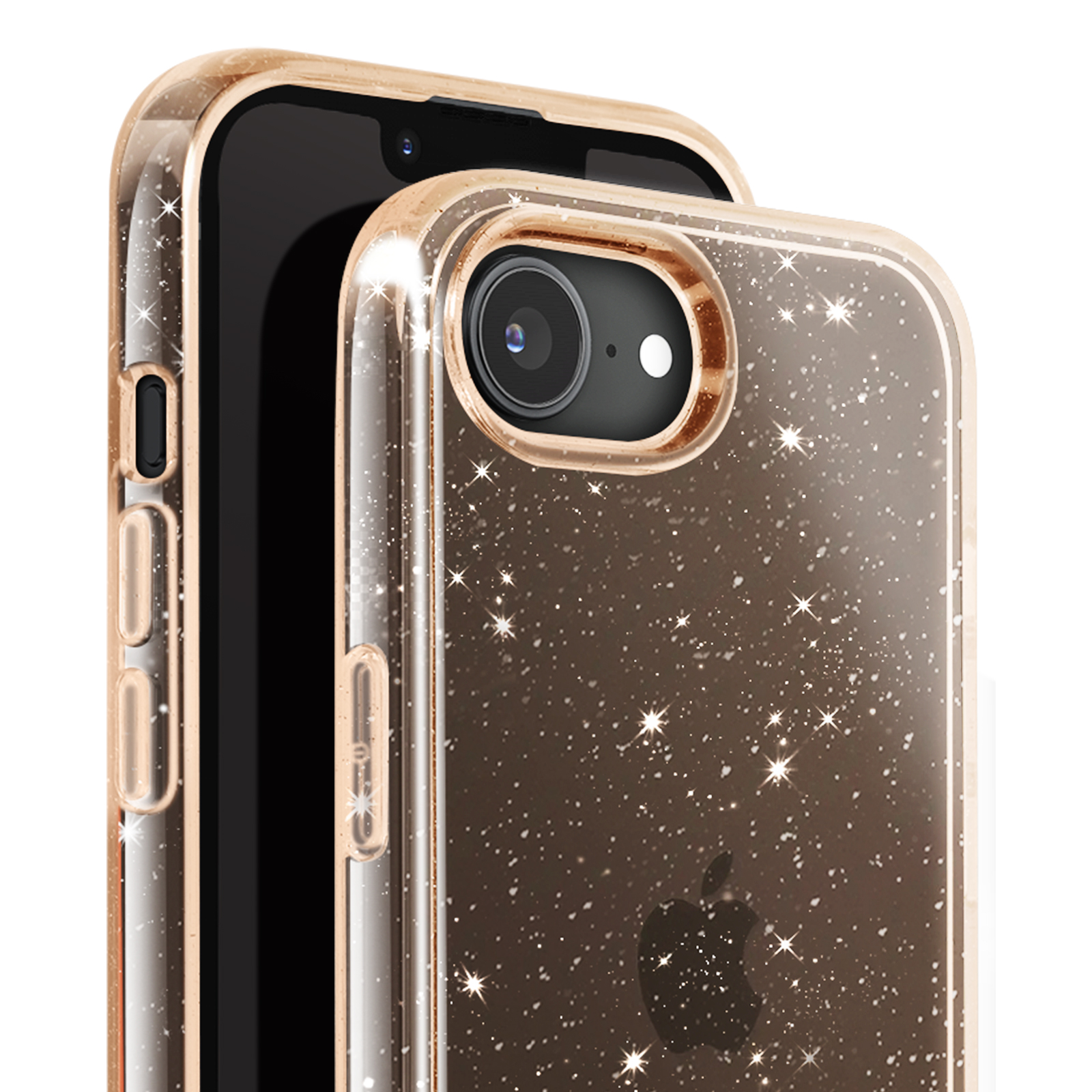 Nahaufnahme eines Telefons in einer funkelnden Hülle. Das Telefon befindet sich in einer goldfarbenen Hülle mit Kamera und schwarzem Bildschirm.