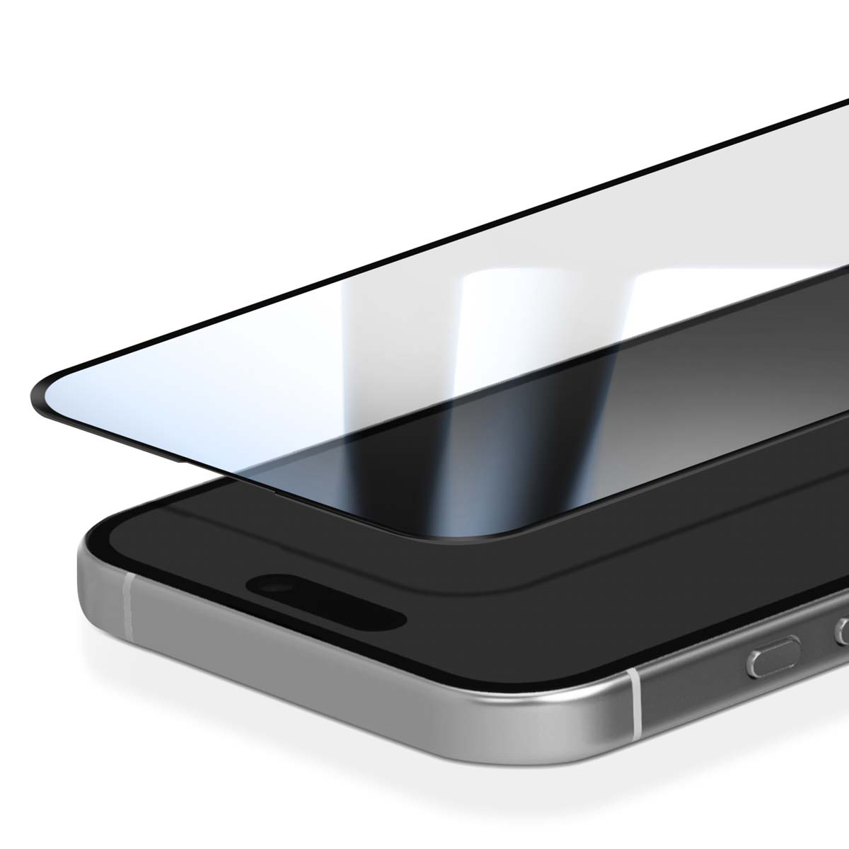 Een smartphone waarop een schermbeschermer wordt aangebracht. De telefoon is zilverkleurig met een zwart scherm. De beschermer is helder.