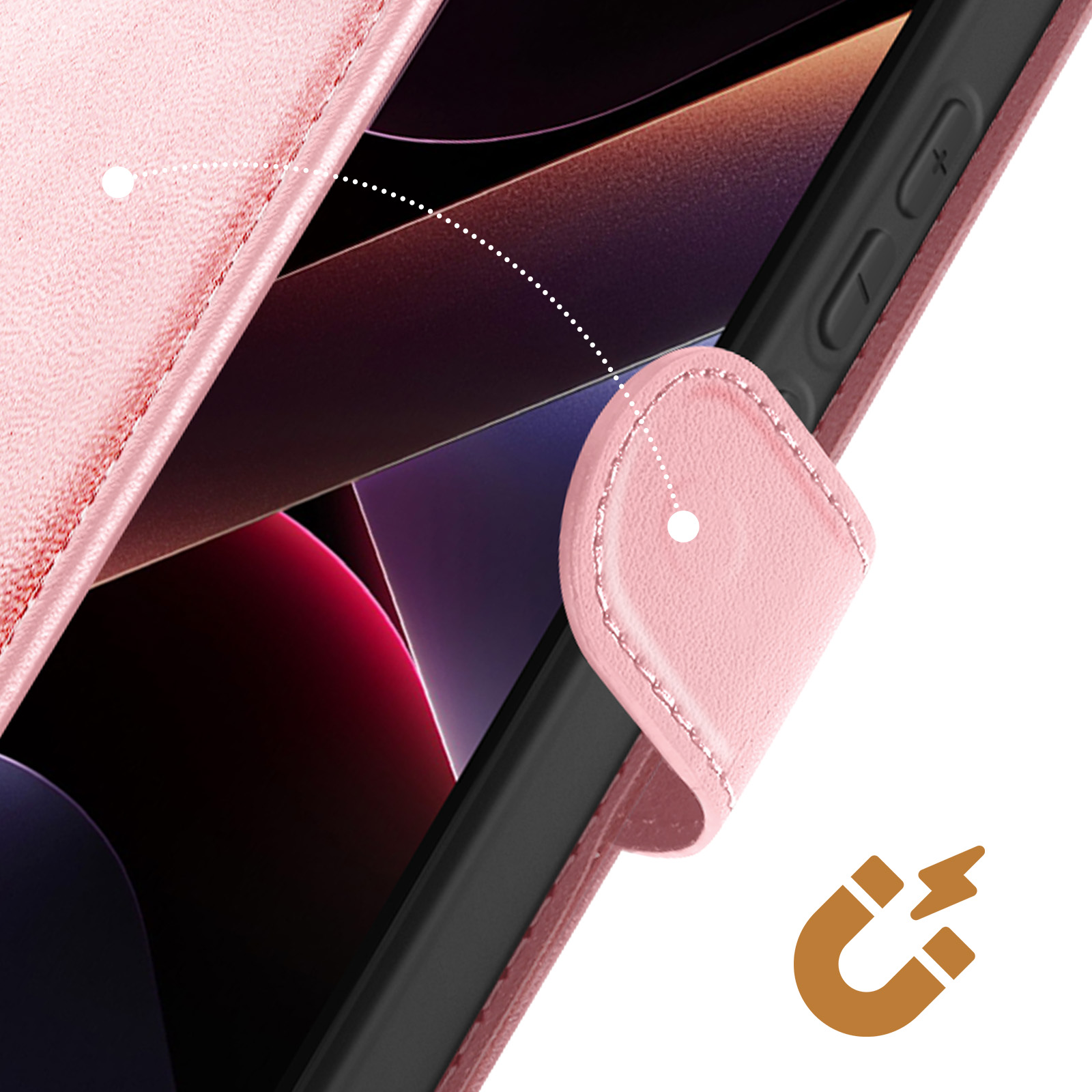 Custodia rosa per telefono con chiusura magnetica, che mostra un telefono. La custodia è cucita e ha un simbolo magnetico.
