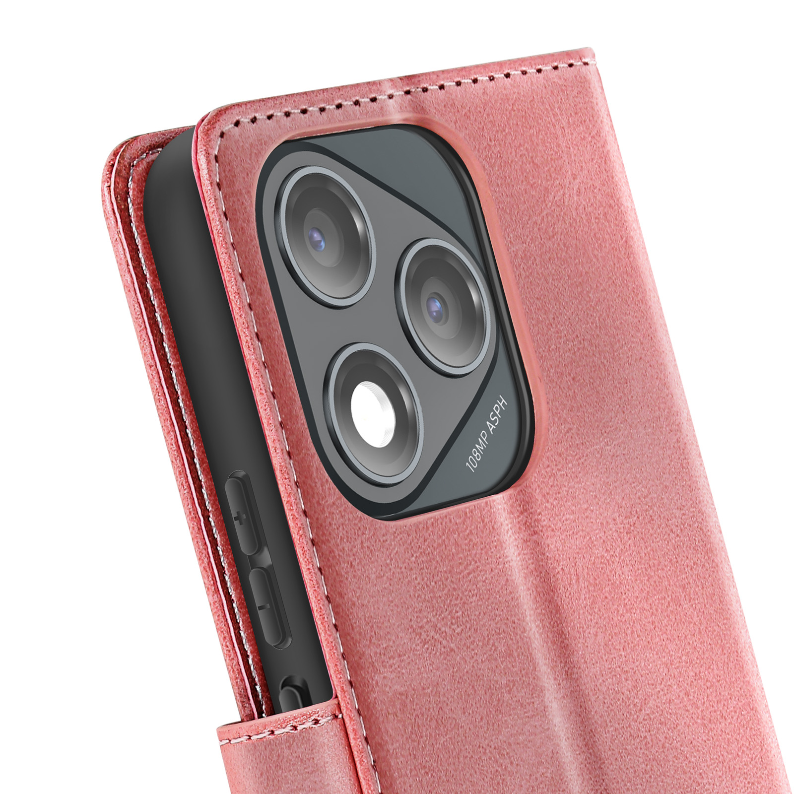 Una custodia rosa con un telefono dentro. Il telefono ha un modulo fotocamera. La custodia è aperta.