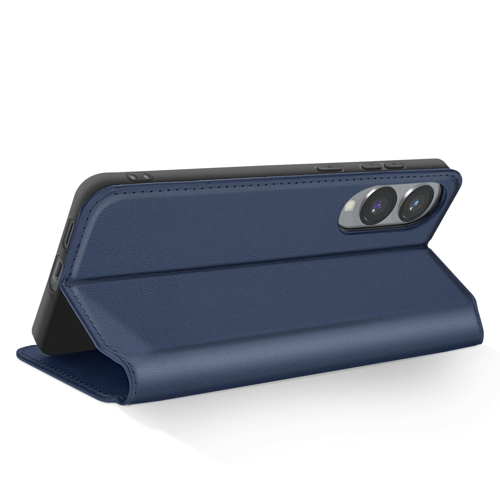 Una custodia blu per telefono è aperta, rivelando un telefono. La custodia è simile alla pelle con superficie strutturata.