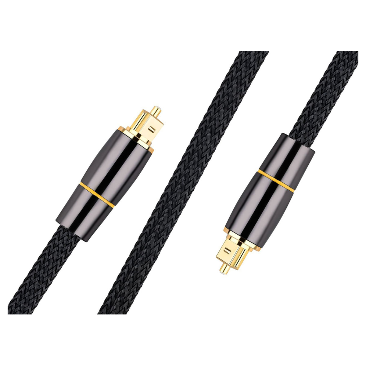 Zwei schwarze Audiokabel mit goldenen Steckern. Die Kabel haben eine geflochtene Textur und befinden sich vor weißem Hintergrund.