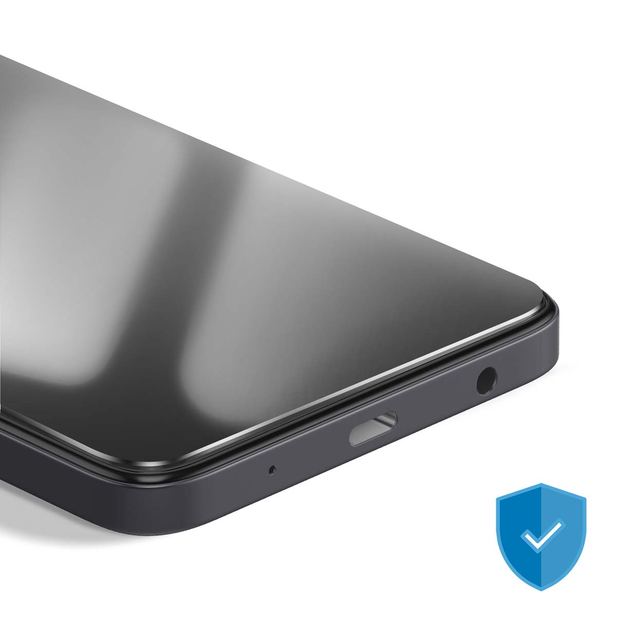 Gros plan d'un smartphone avec un protecteur d'écran. Le téléphone est gris foncé et un bouclier bleu avec une coche est dans le coin.